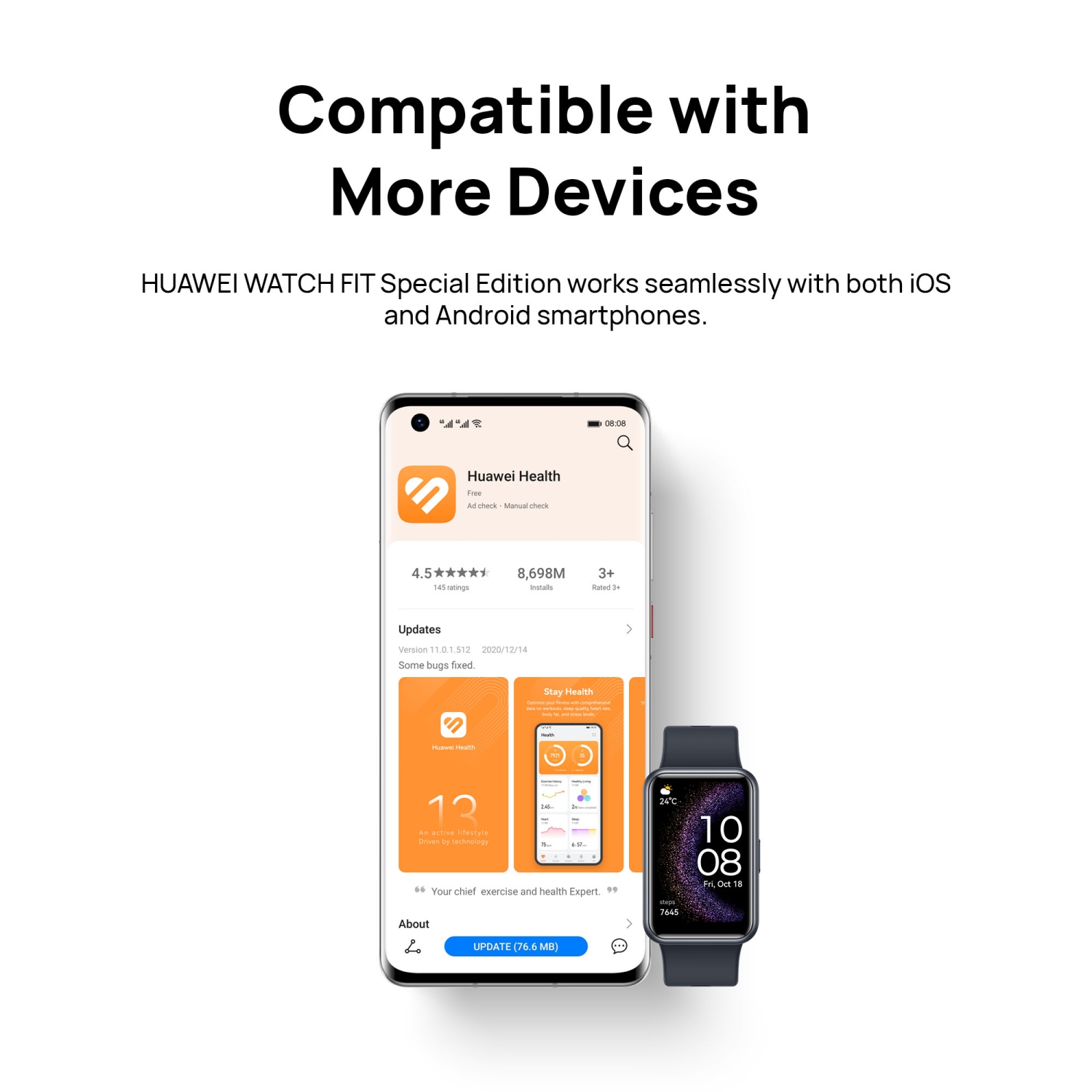 HUAWEI WATCH FIT édition spéciale, écran AMOLED HD de 1,64 po, GPS intégré, gestion avancée de la santé, plus de 100 modes d'entraînement, compatible