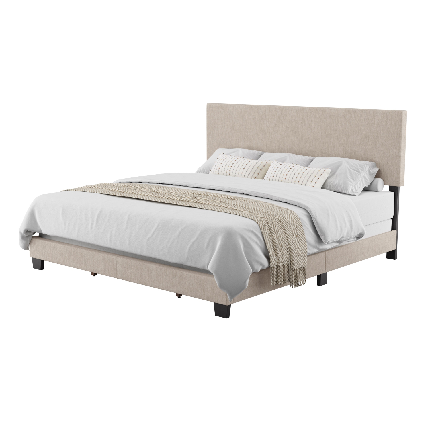 Cadre de très grand lit recouvert de tissu Celeste de CorLiving avec lattes en bois beige