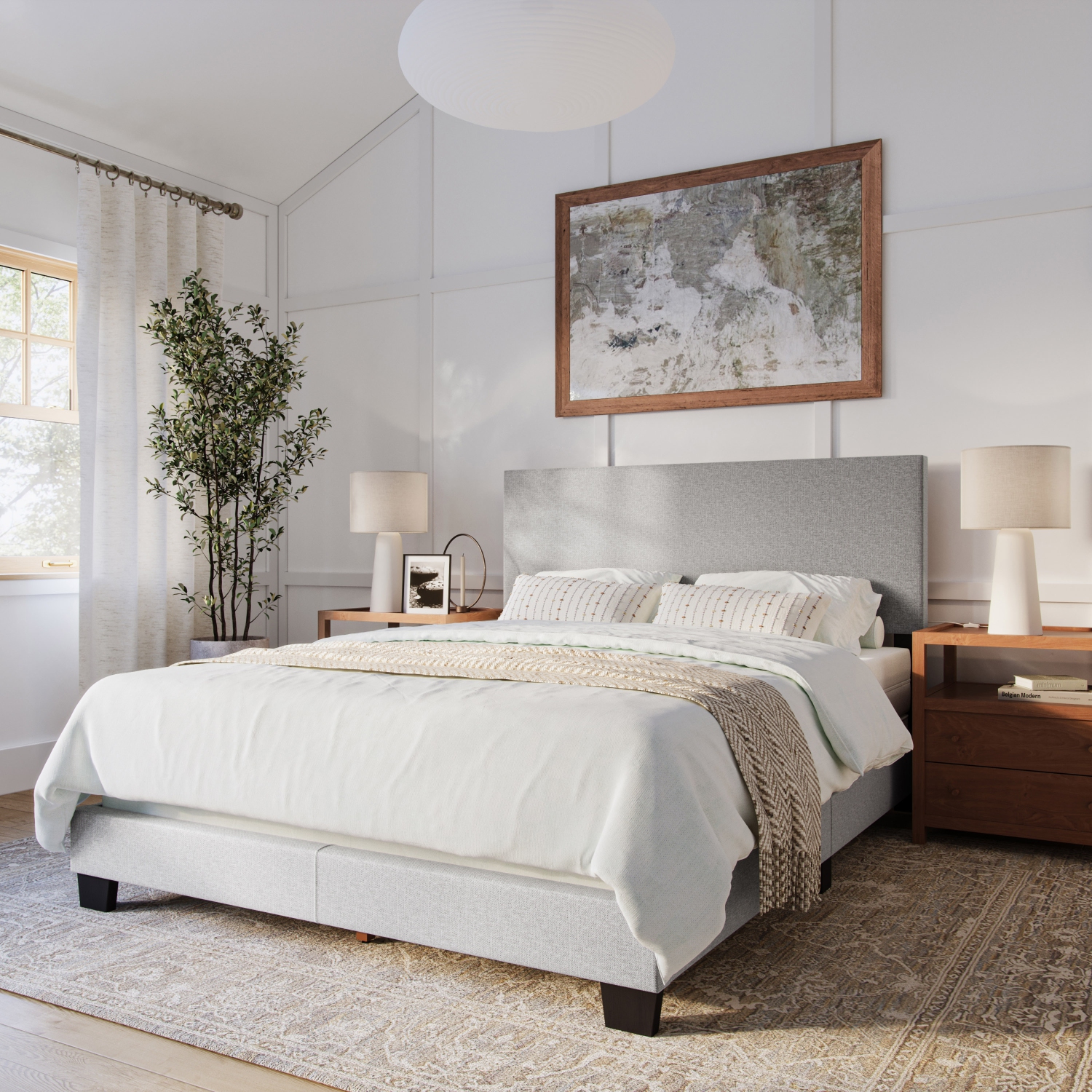 CorLiving Celeste Modern Upholstered Queen Bed Frame with Headboard, Light Grey