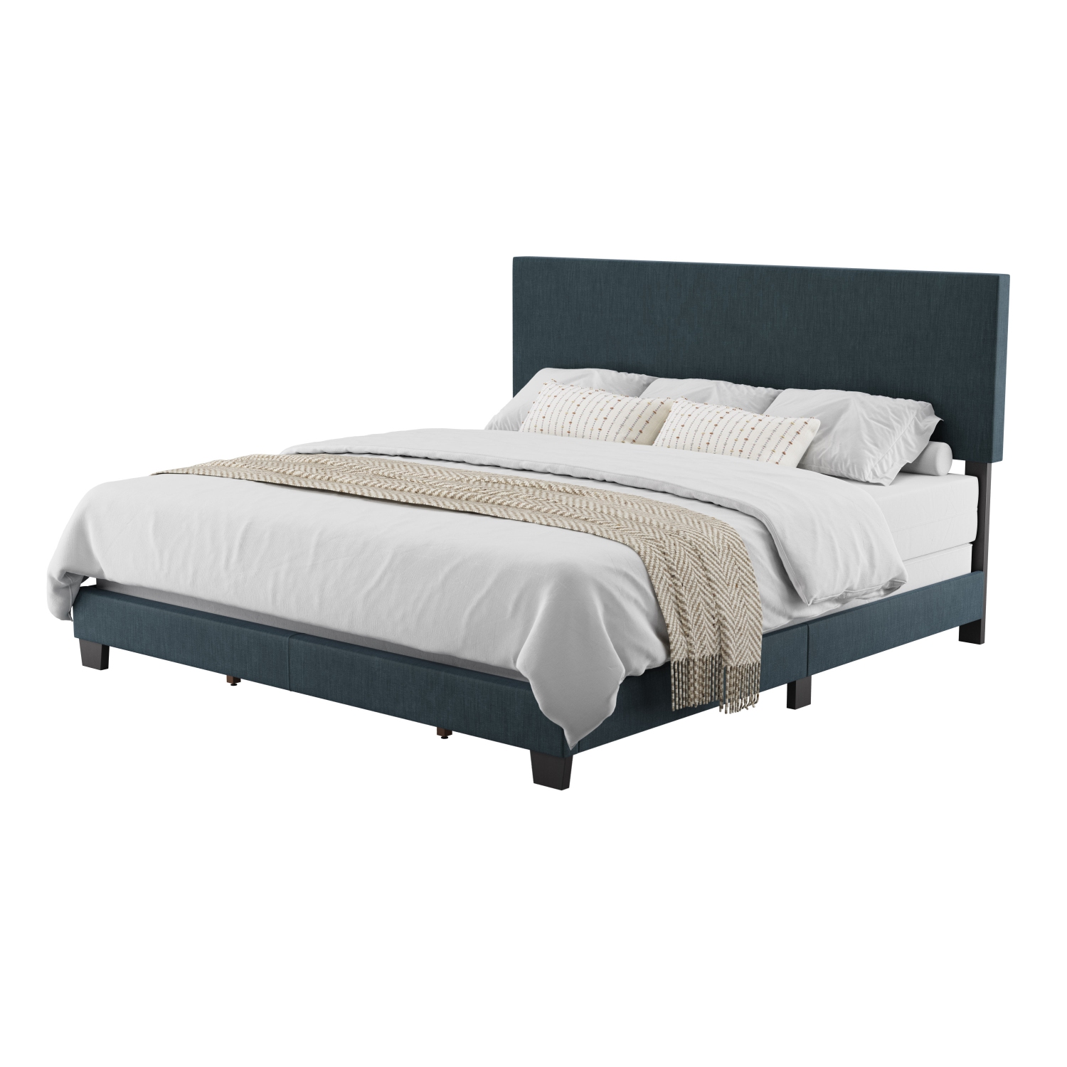 CorLiving Celeste Modern Upholstered King Bed Frame with Headboard, Blue
