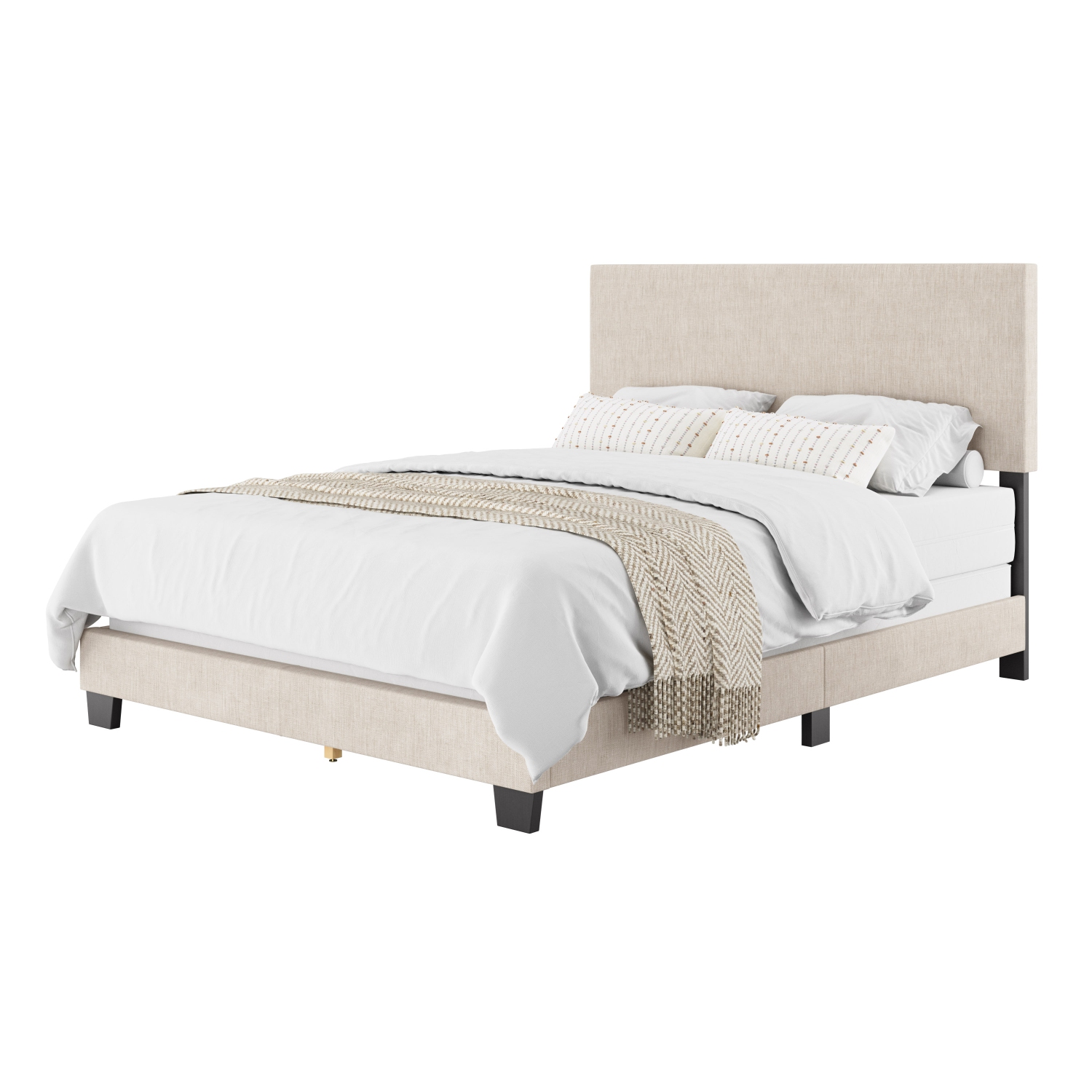 CorLiving Celeste Upholstered Fabric Queen Bed Frame with Wood slats in Beige