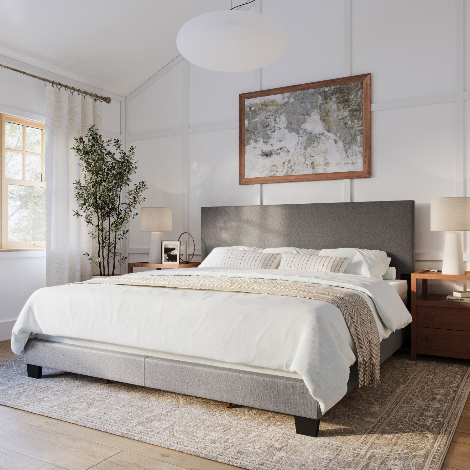 CorLiving Celeste Modern Upholstered King Bed Frame with Headboard, Dark Grey