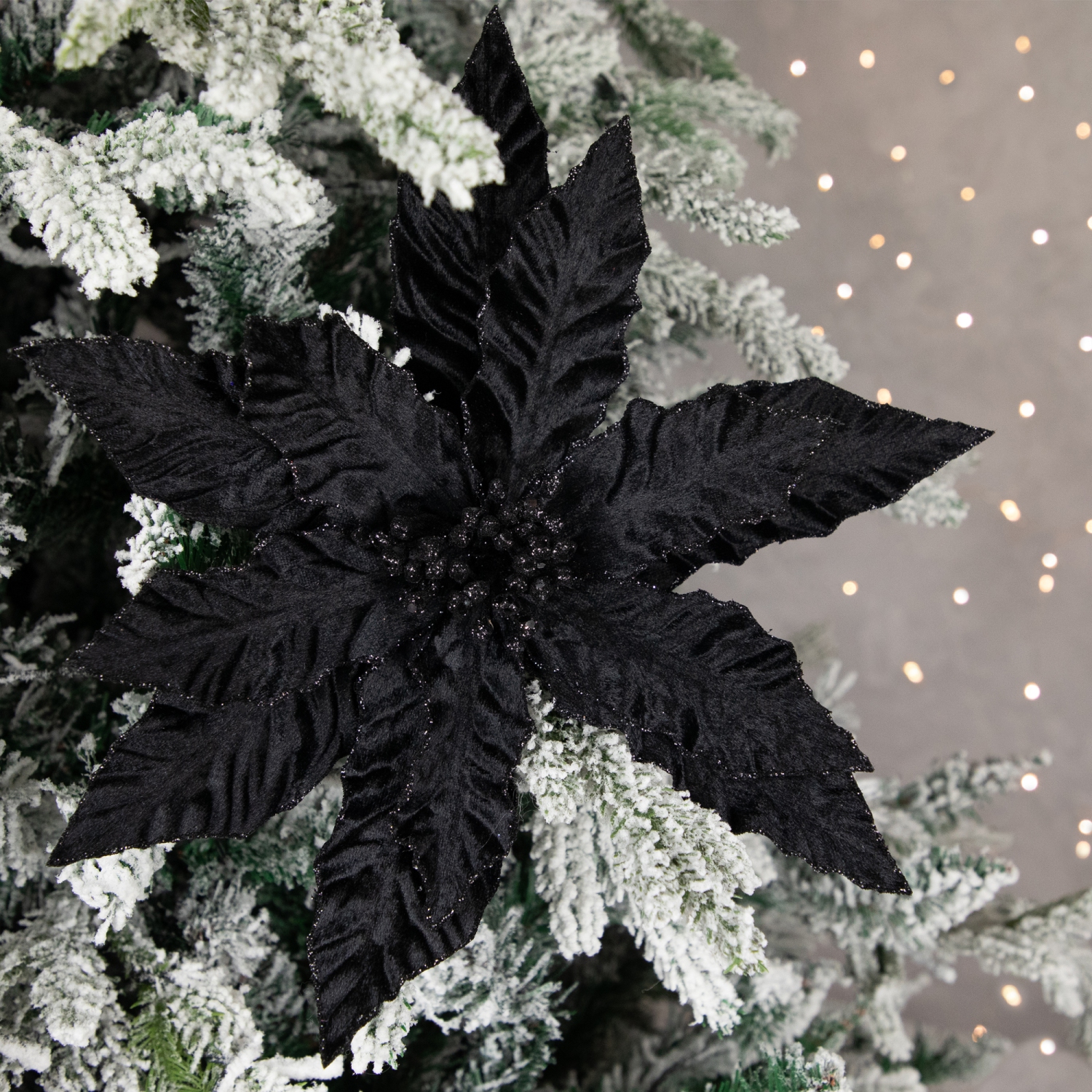 Gerbe de tige de Noël scintillante avec poinsettia, noir, 26 po