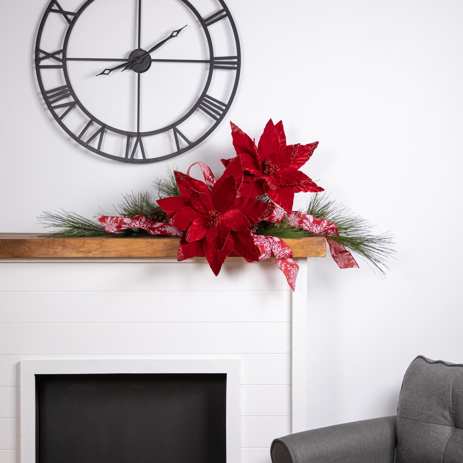 24" Red Glittered Poinsettia Christmas Stem Spray