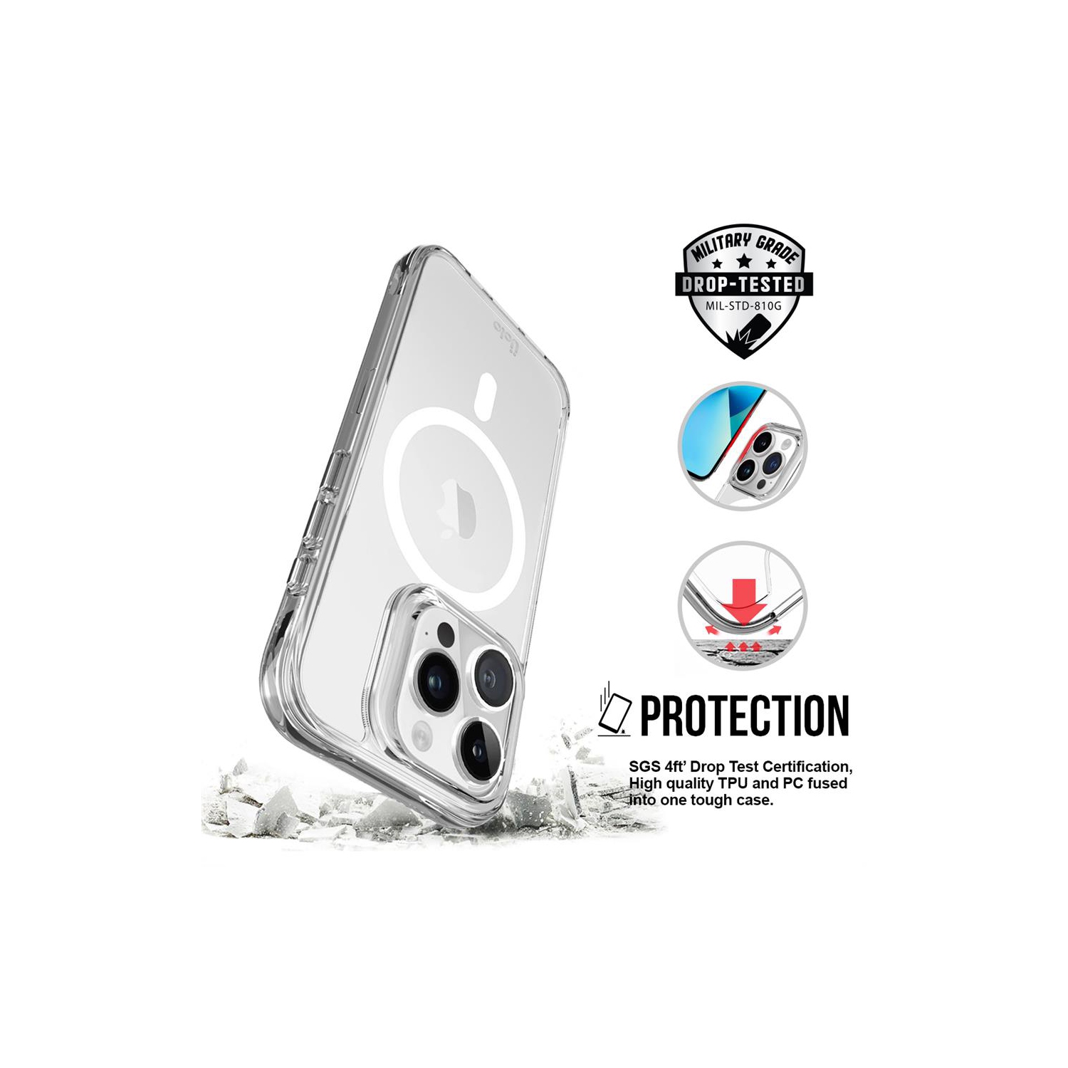 Uolo Soul+ iPhone 15 Pro Max Rated Military-Grade Protective [MagSafe] Hard Shell Case, Clear