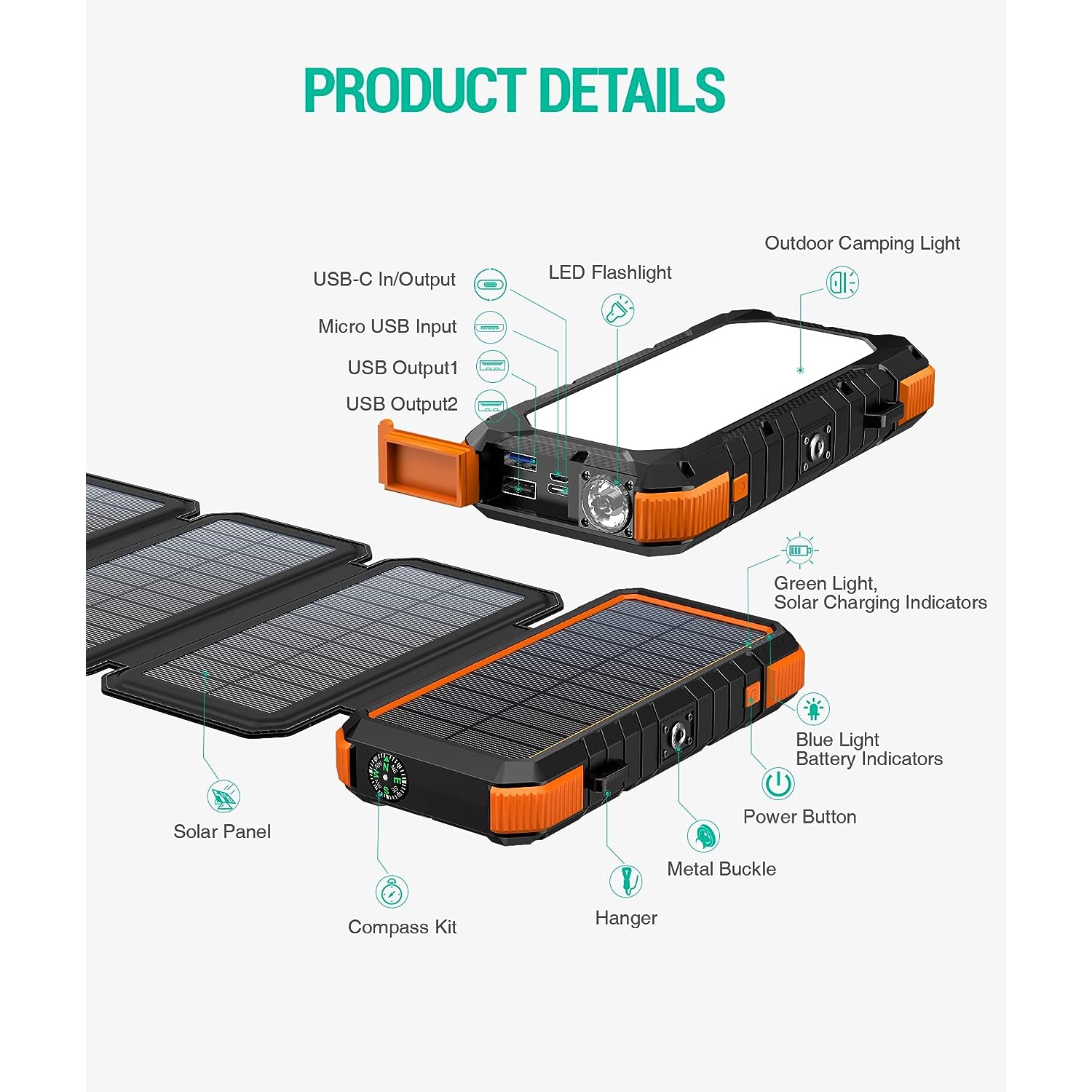 BLAVOR Solar Charger Power Bank, PD 18W QC3.0 Fast Charging 20000mAh Solar  Powered Powerbank with 4 Foldable Panels, Type C Input/Output, Camping