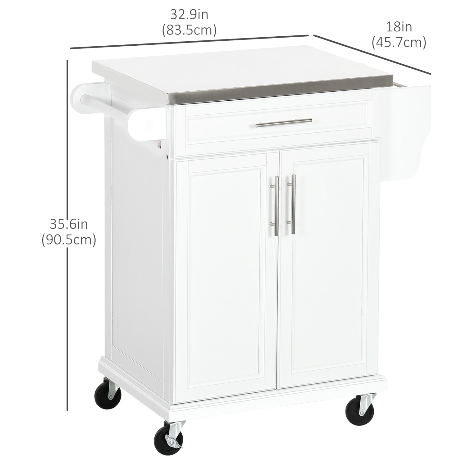 HOMCOM Kitchen Island with Stainless Steel Top, Rolling Kitchen Cart on Wheels with Storage Drawer, Cabinet, Towel Rack and Spice Rack, White