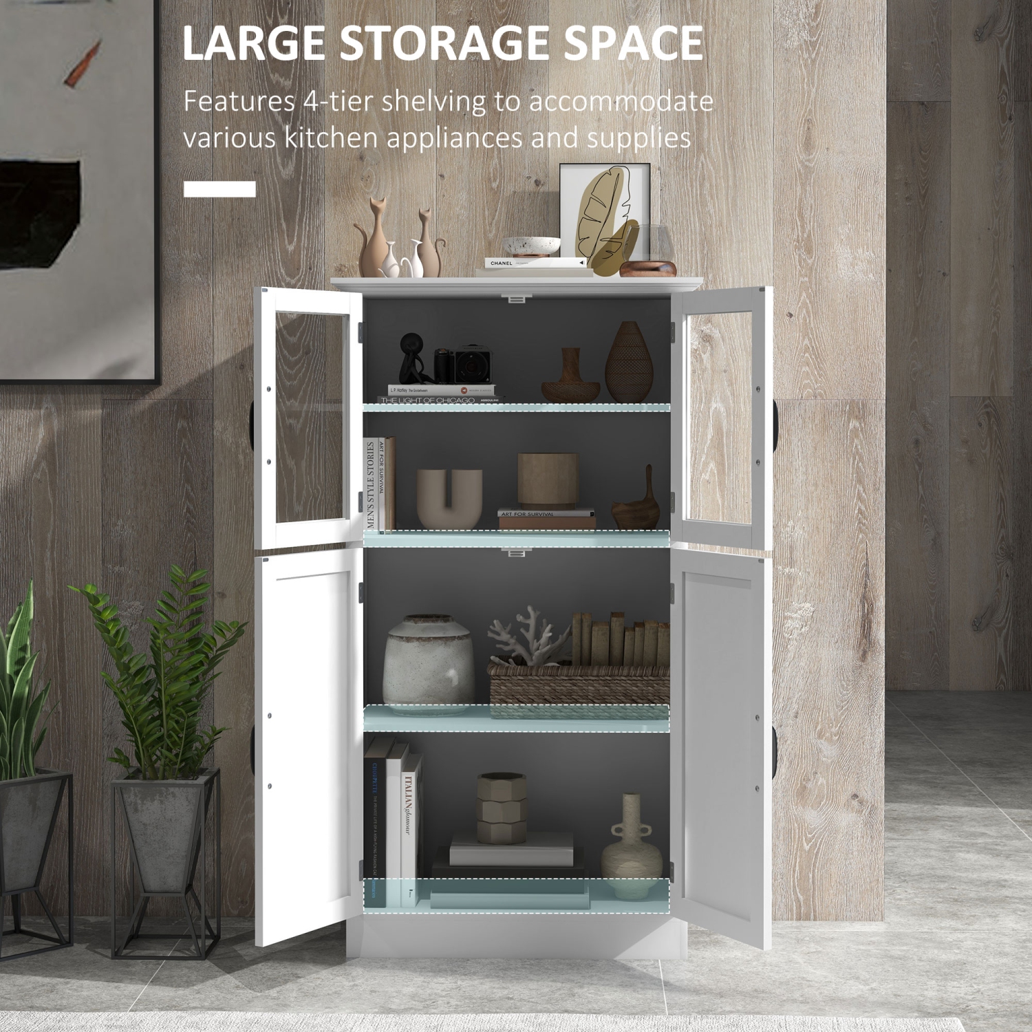 Armoire de rangement HOMCOM, armoire de cuisine autonome, buffet moderne avec 4 tablettes, tablettes réglables et portes en verre pour le salon, blanc