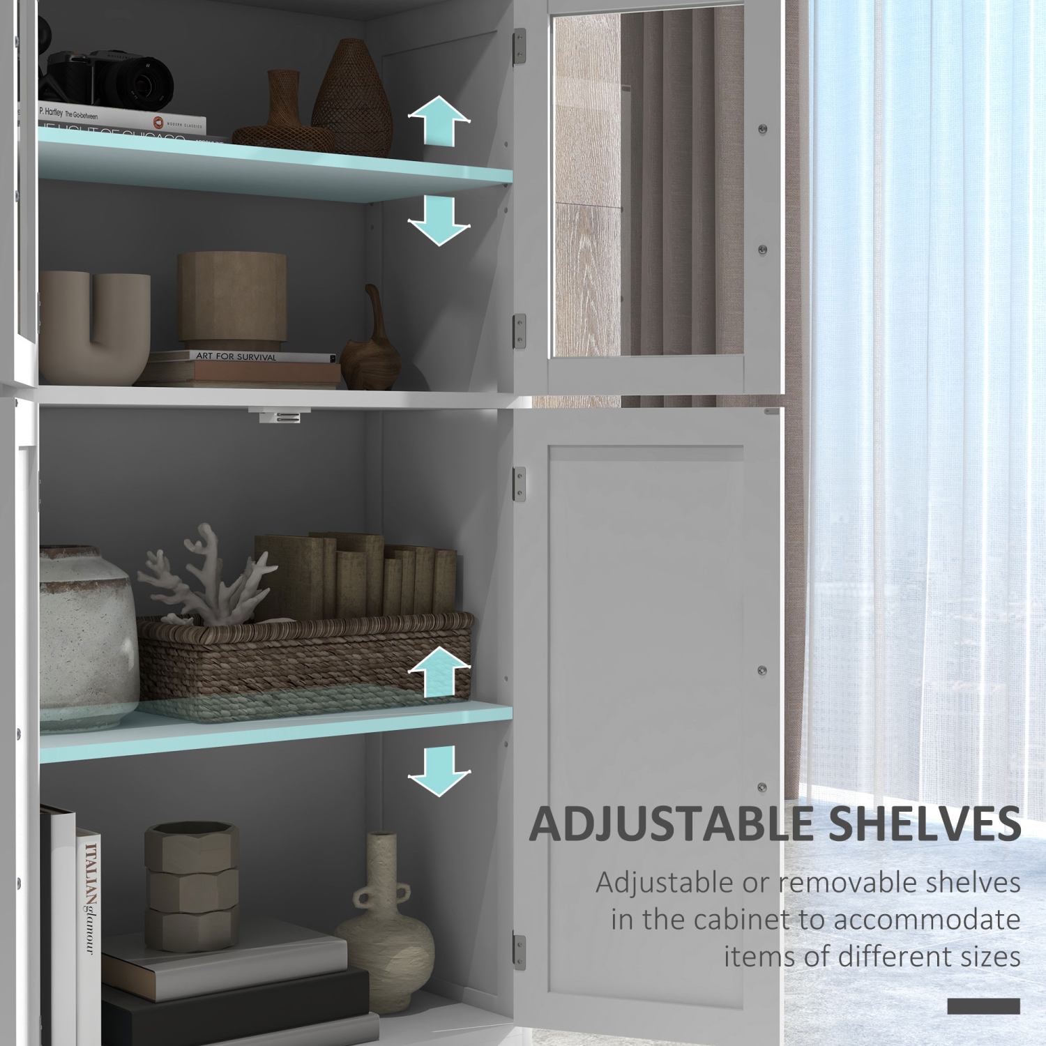 Armoire de rangement HOMCOM, armoire de cuisine autonome, buffet moderne avec 4 tablettes, tablettes réglables et portes en verre pour le salon, blanc