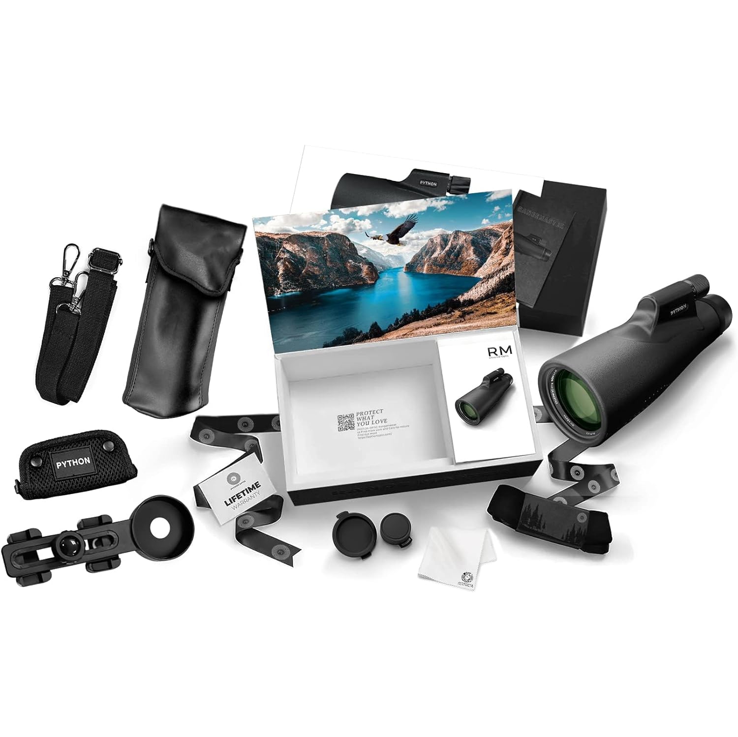 Python 12x52 Range Master Ultra HD Monocular Telescope High Powered for Adults with Smartphone Adapter, Leather Bag, Hand Strap