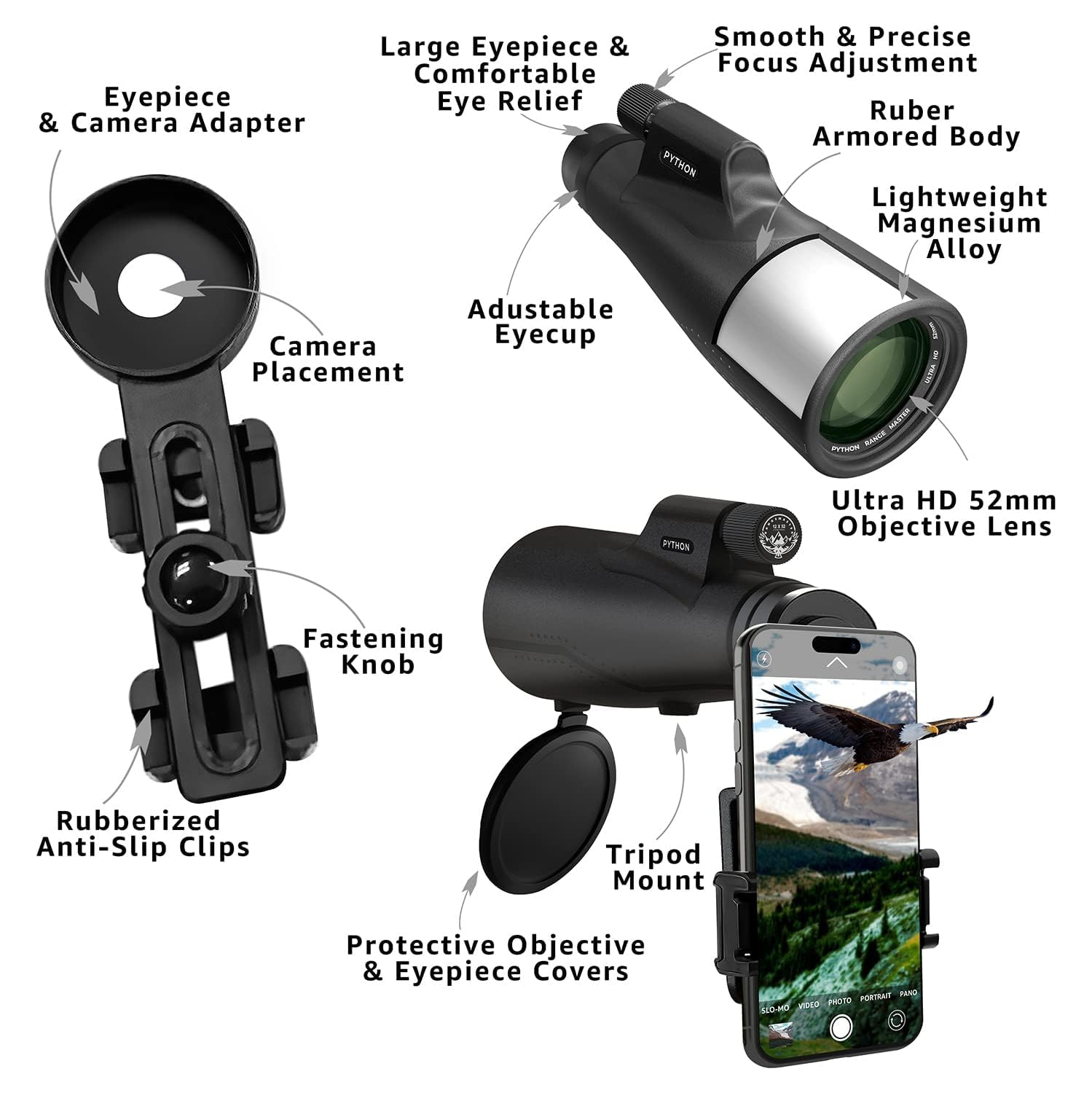 Python 12x52 Range Master Ultra HD Monocular Telescope High Powered for Adults with Smartphone Adapter, Leather Bag, Hand Strap