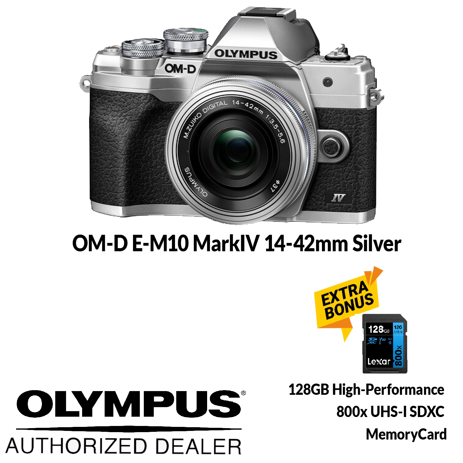 OM-D E-M10 MarkIV 14-42mm Silver + 128GB 800x Lexar Memory Card. OM Canada Authorized