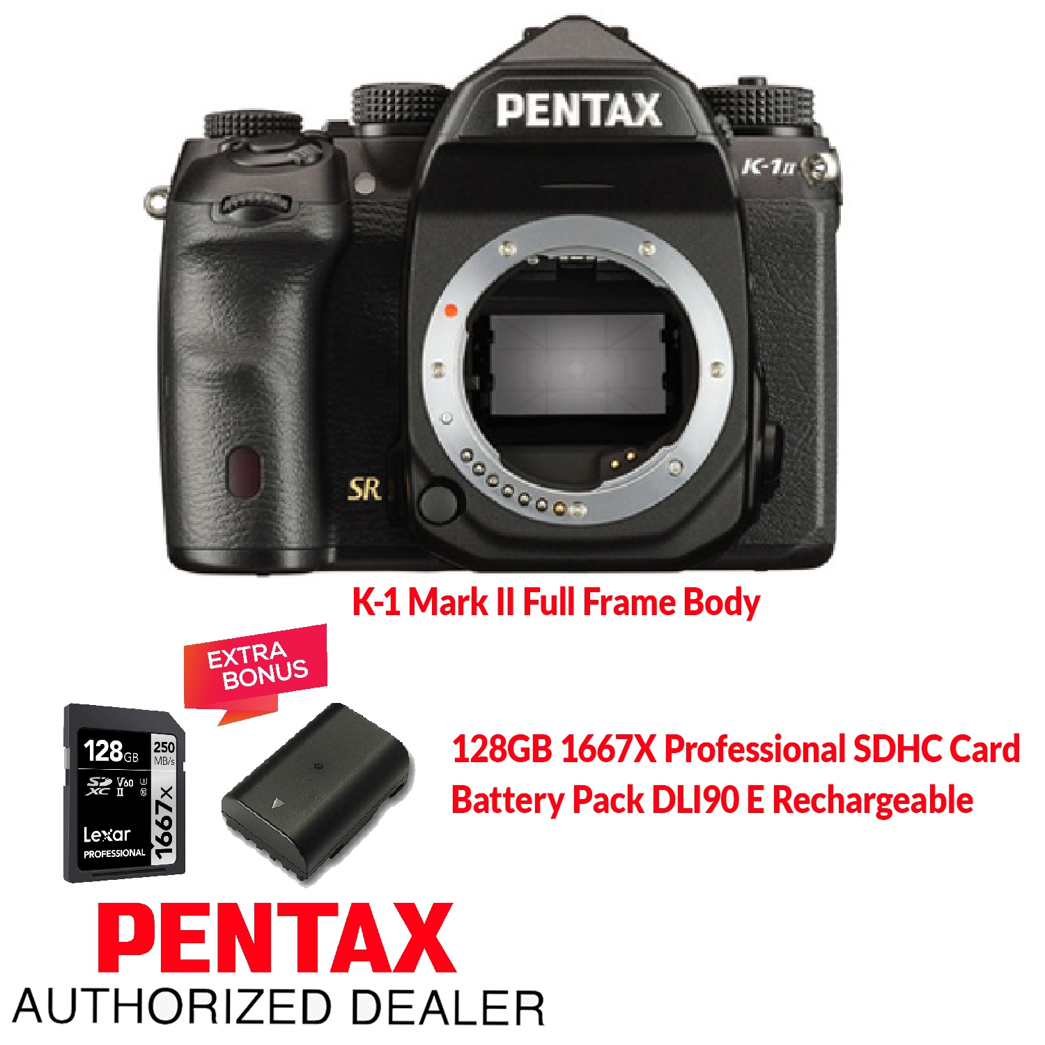 Pentax K-1 Mark II Full Frame Body. Bonus items: Battery DLI90 E + 128GB 1667X SDXC Card