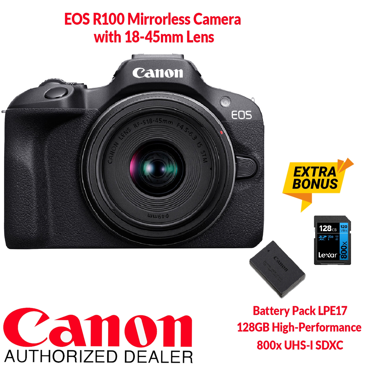 Canon EOS R100 Mirrorless with 18-45mm Lens. Bonus: Battery LPE17 and Lexar 128GB Memory Card.