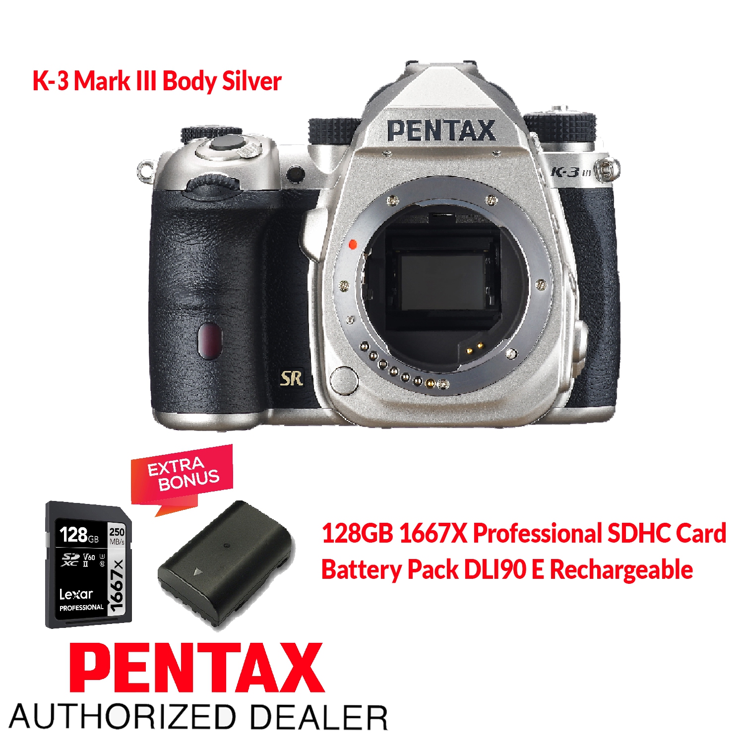 Pentax K-3 Mark III Body Silver. Bonus Items: Battery DLI90 Rechargeable  +128GB 1667X SDXC Card