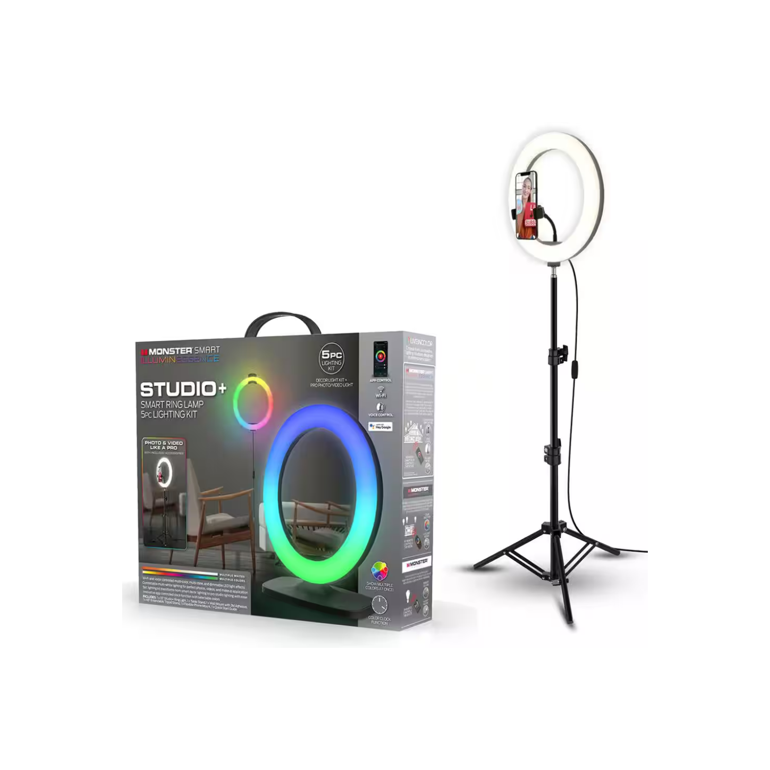 La lampe à anneau intelligent MLB7-1068-RGB Studio plus de Monster avec trousse de blogue vidéo DEL comprend un trépied avec support