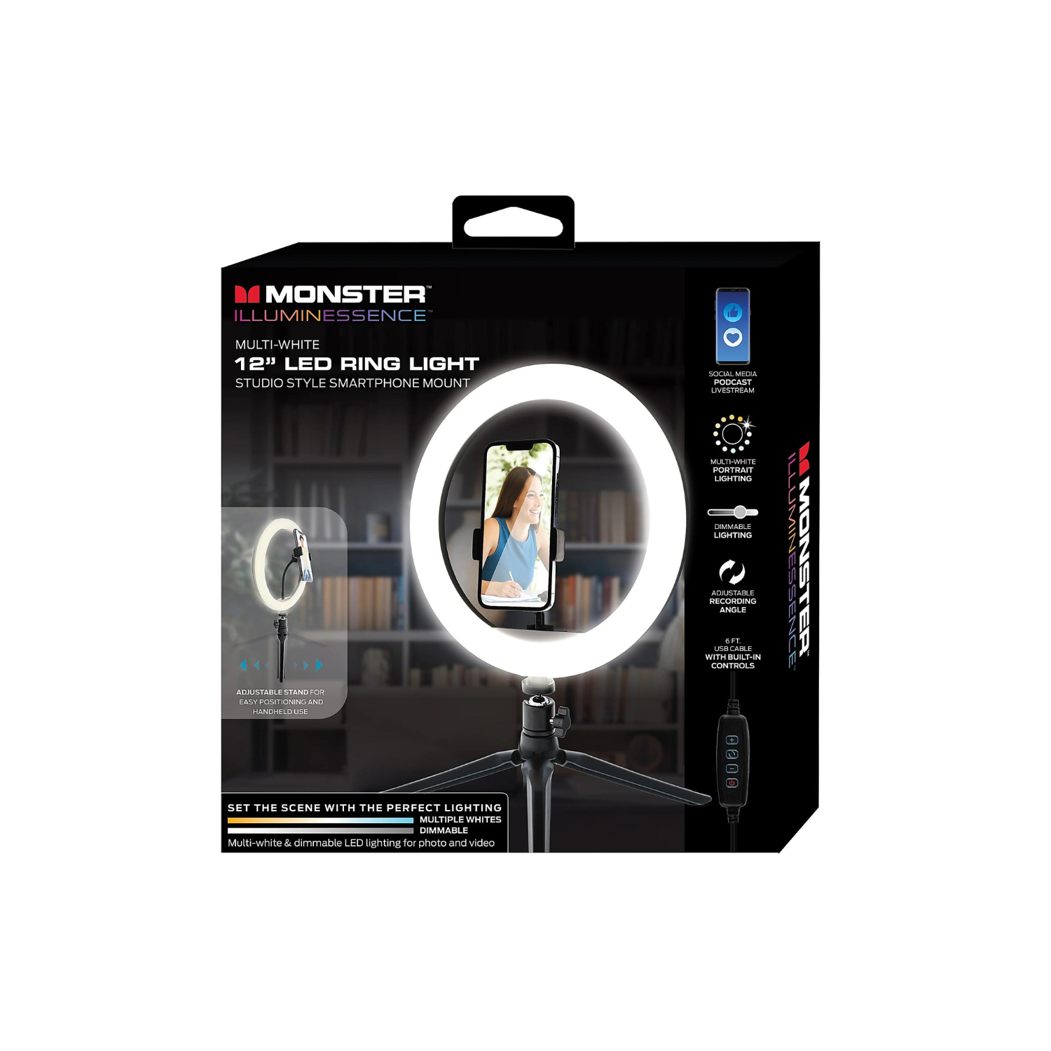 Monster MSV7-1012-MWT 10 po Anneau lumineux multicolore à DEL avec trépied flexible, idéal pour les vidéos et la diffusion en continu