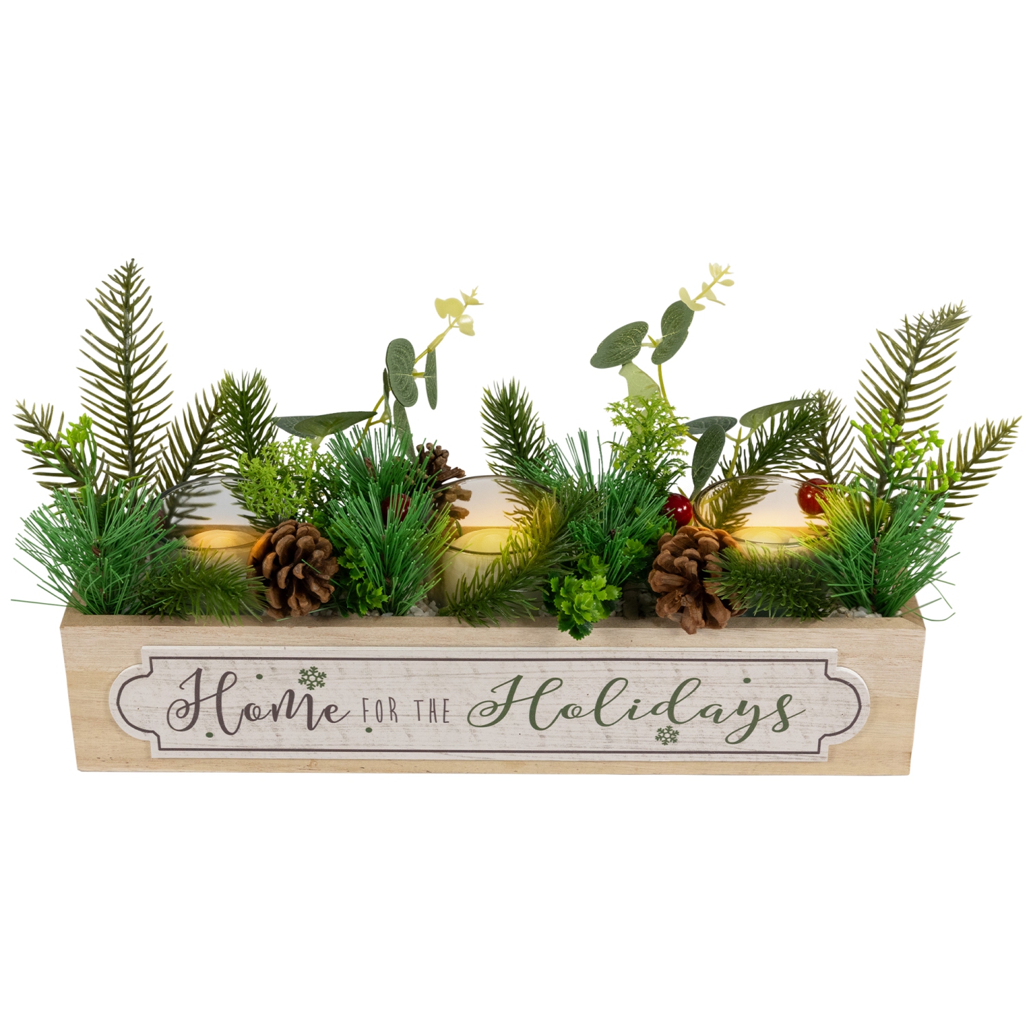 Rectangular Boxed Foliage "Home For The Holidays" Christmas Candle Holders - 13.75"