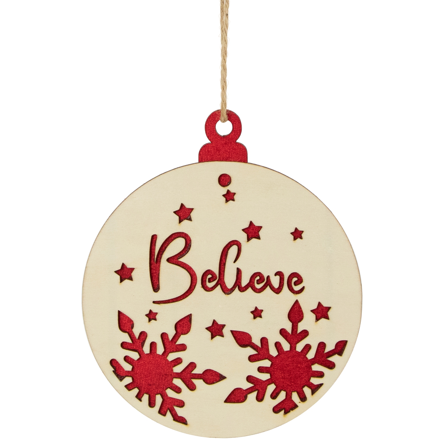 Décoration de Noël «&nbsp;Believe&nbsp;», flocon de neige et étoile, 7&nbsp;po, rouge et beige