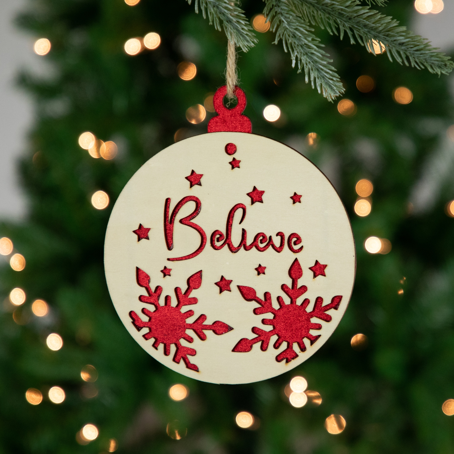 Décoration de Noël « Believe », flocon de neige et étoile, 7 po, rouge et beige