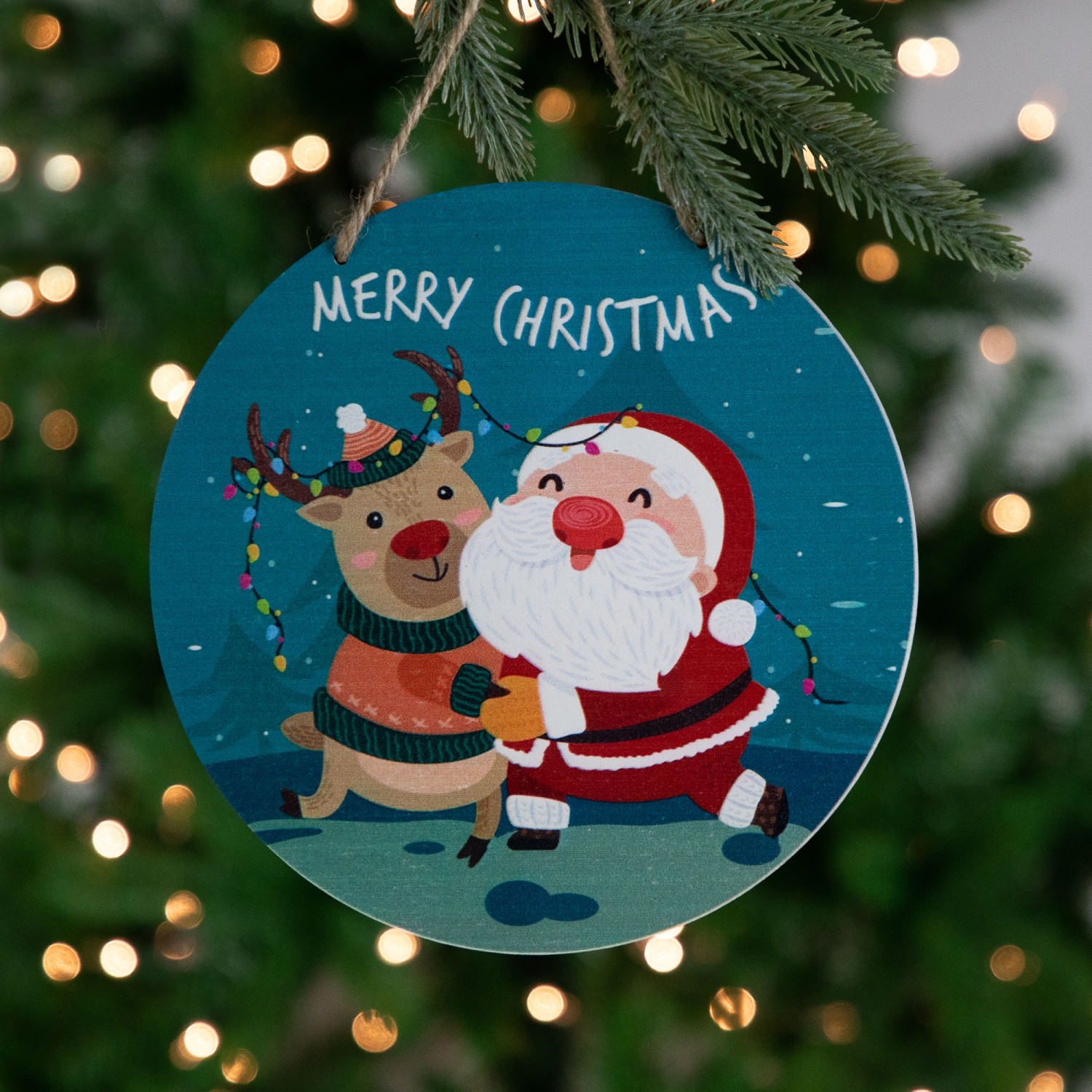 Santa and Reindeer "Merry Christmas" Disc Ornament - 8" - Blue and Red