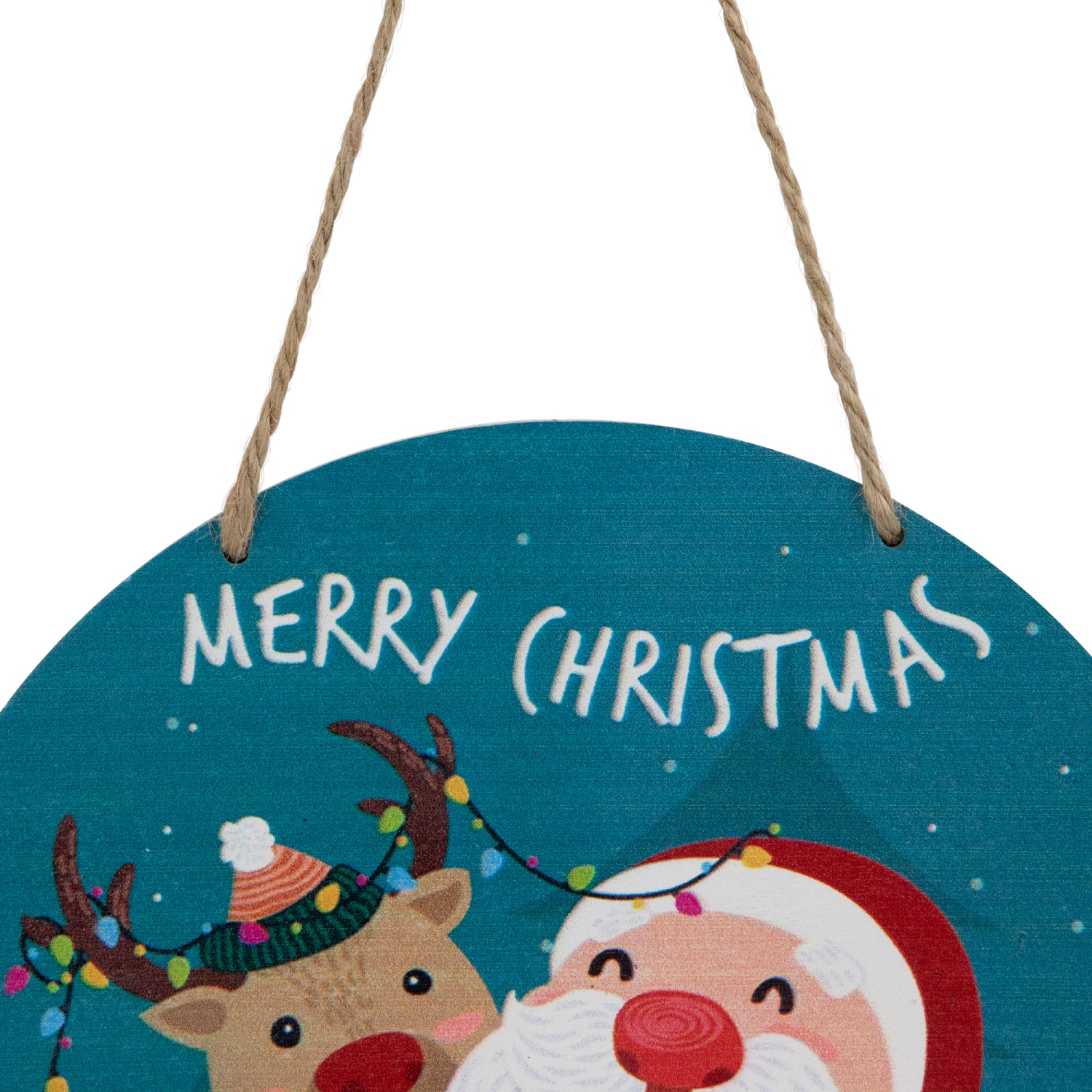 Santa and Reindeer "Merry Christmas" Disc Ornament - 8" - Blue and Red