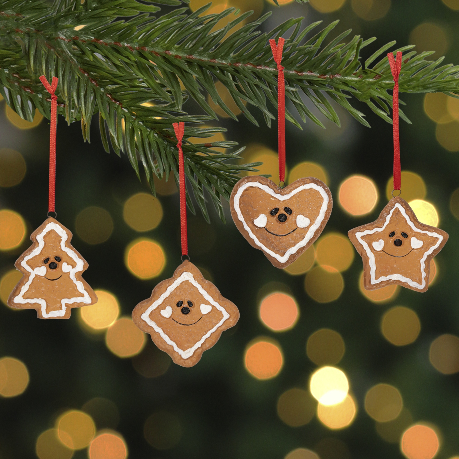 Gingerbread Heart Star Tree and Diamond Christmas Ornaments - 2.5" - Brown - Set of 4