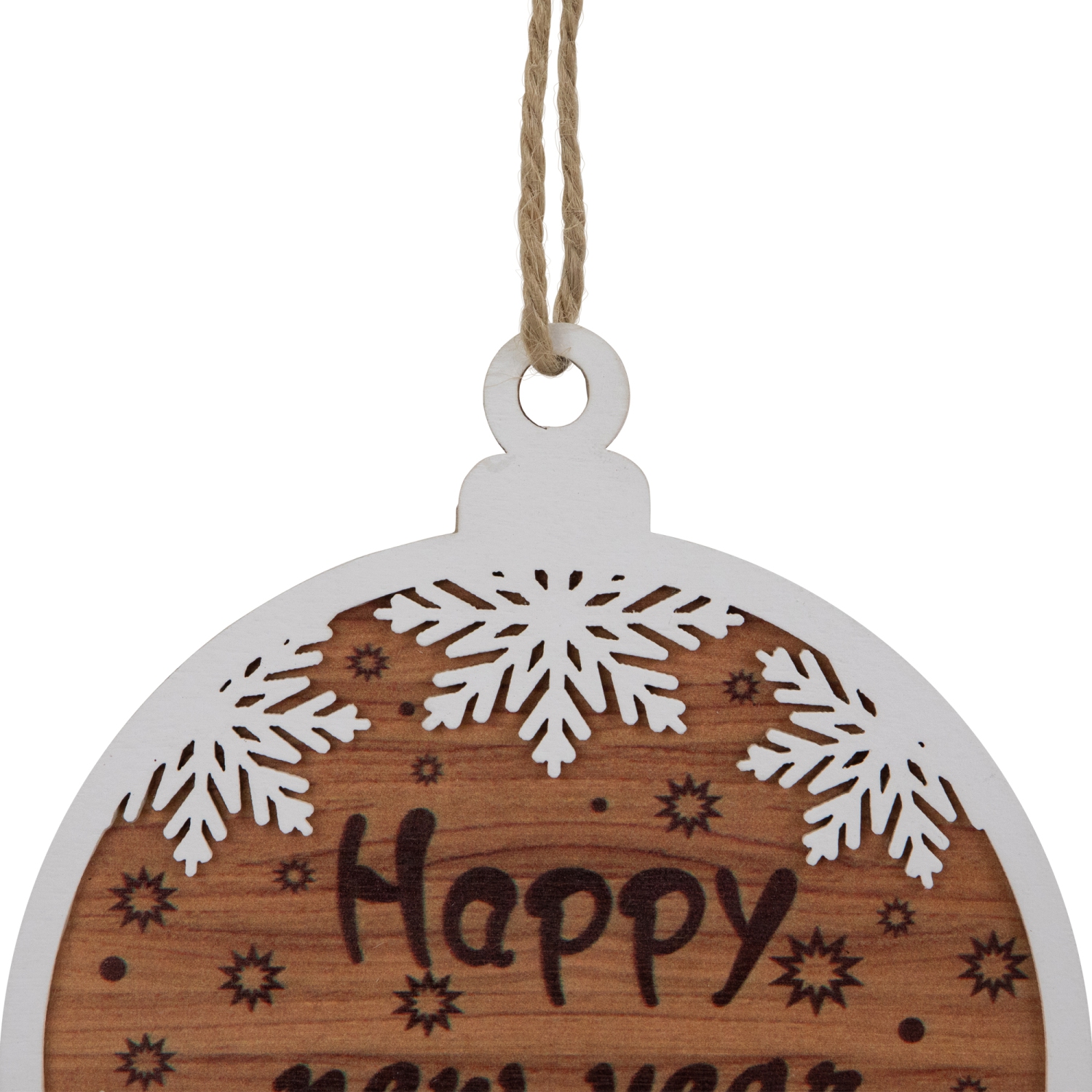 Wooden Snowflake "Happy New Year" Christmas Ornament Disc - 7" - White and Brown