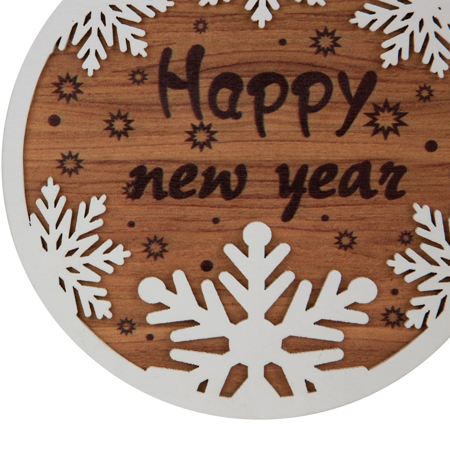 Wooden Snowflake "Happy New Year" Christmas Ornament Disc - 7" - White and Brown
