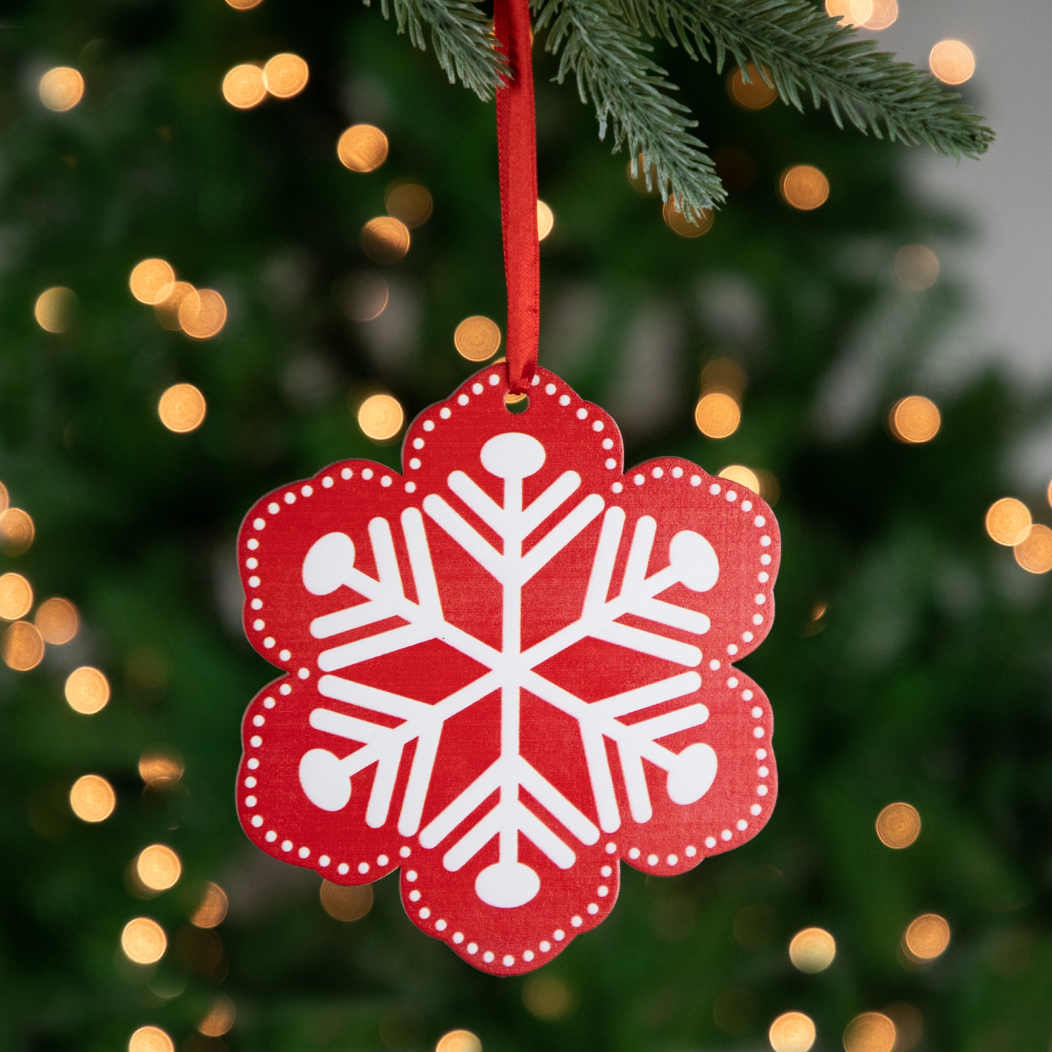 Wooden Snowflake Cutout Christmas Ornament - 6" - Red and White
