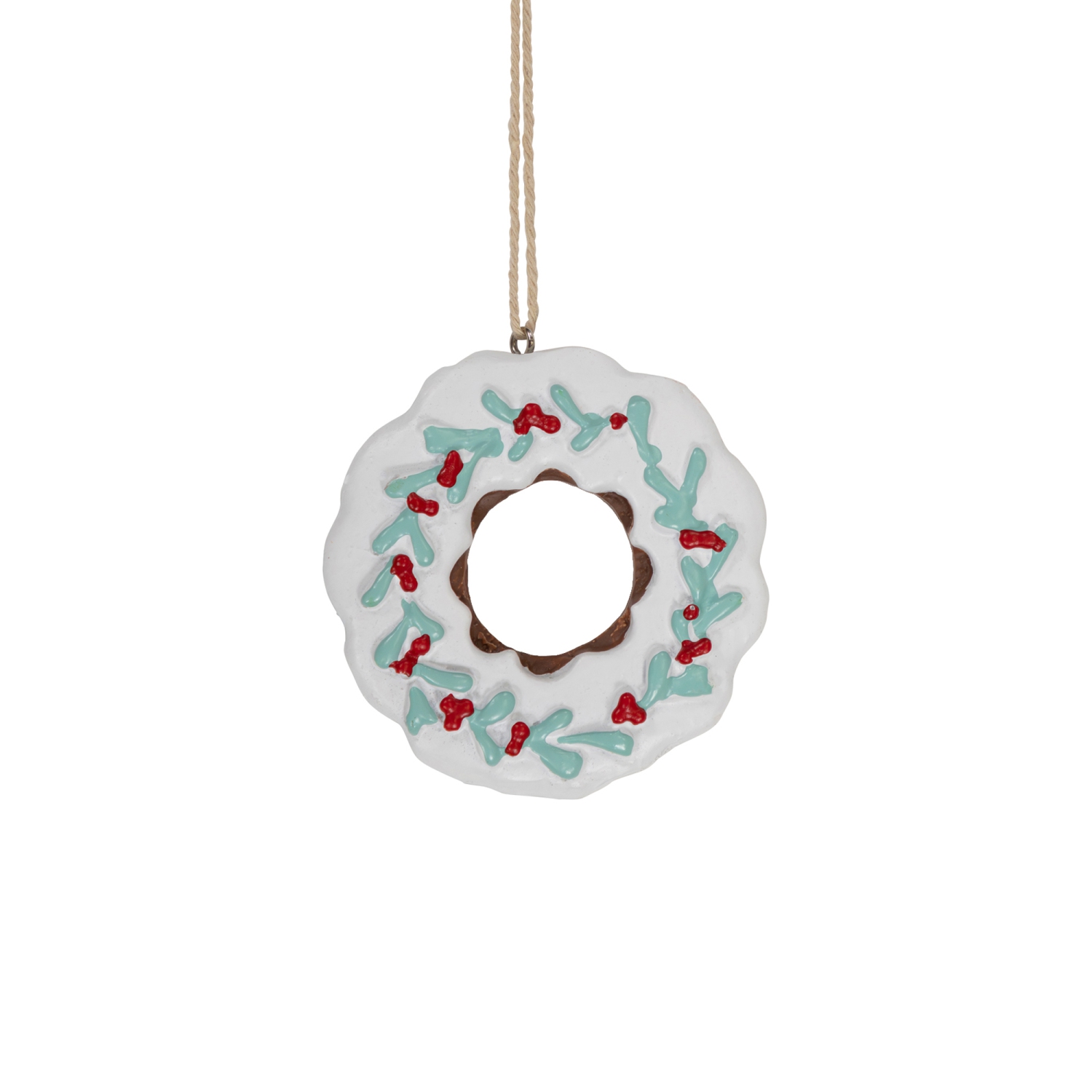 2.75" White Frosted Donut with Pine and Berry Christmas Ornament
