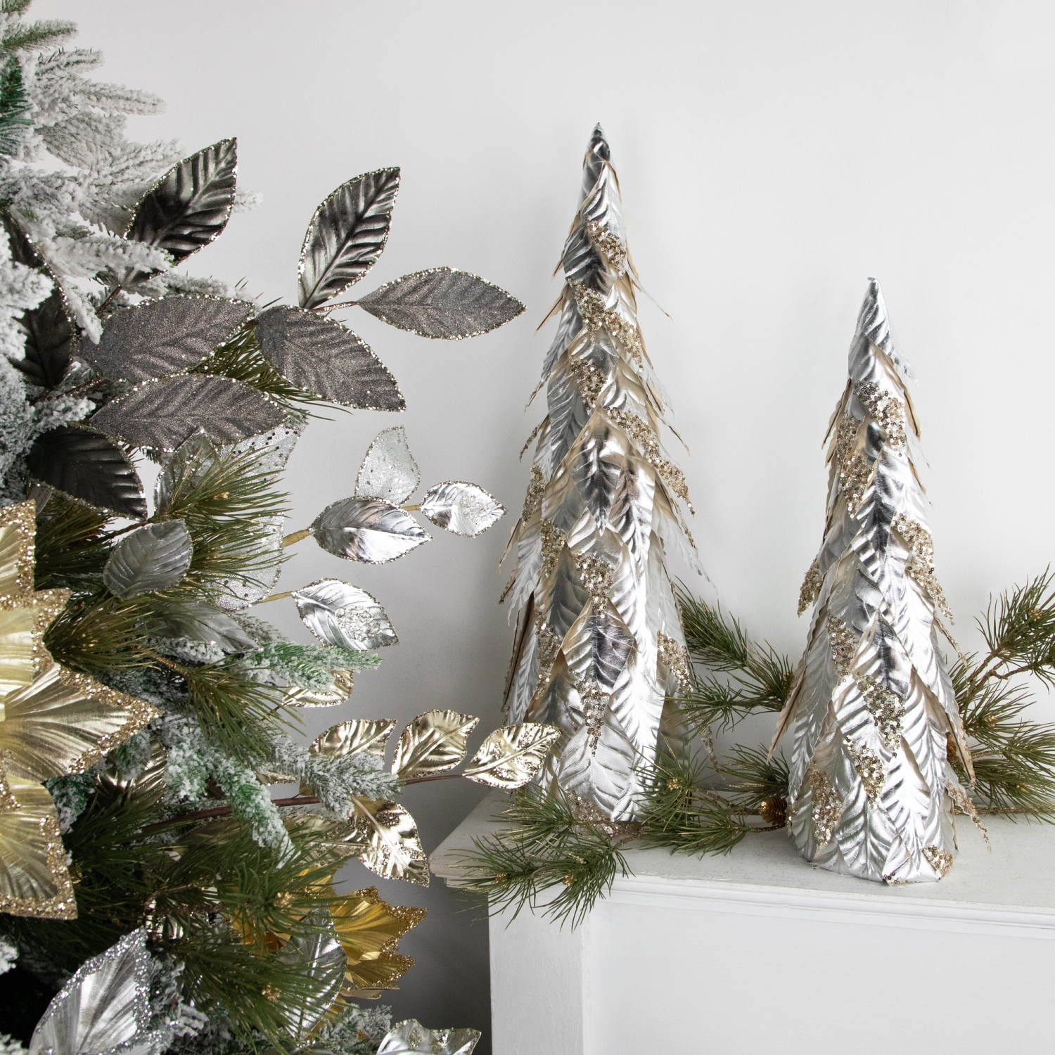 Sequined Layered Leaves Christmas Cone Tree - 20" - Platinum and Champagne Finish