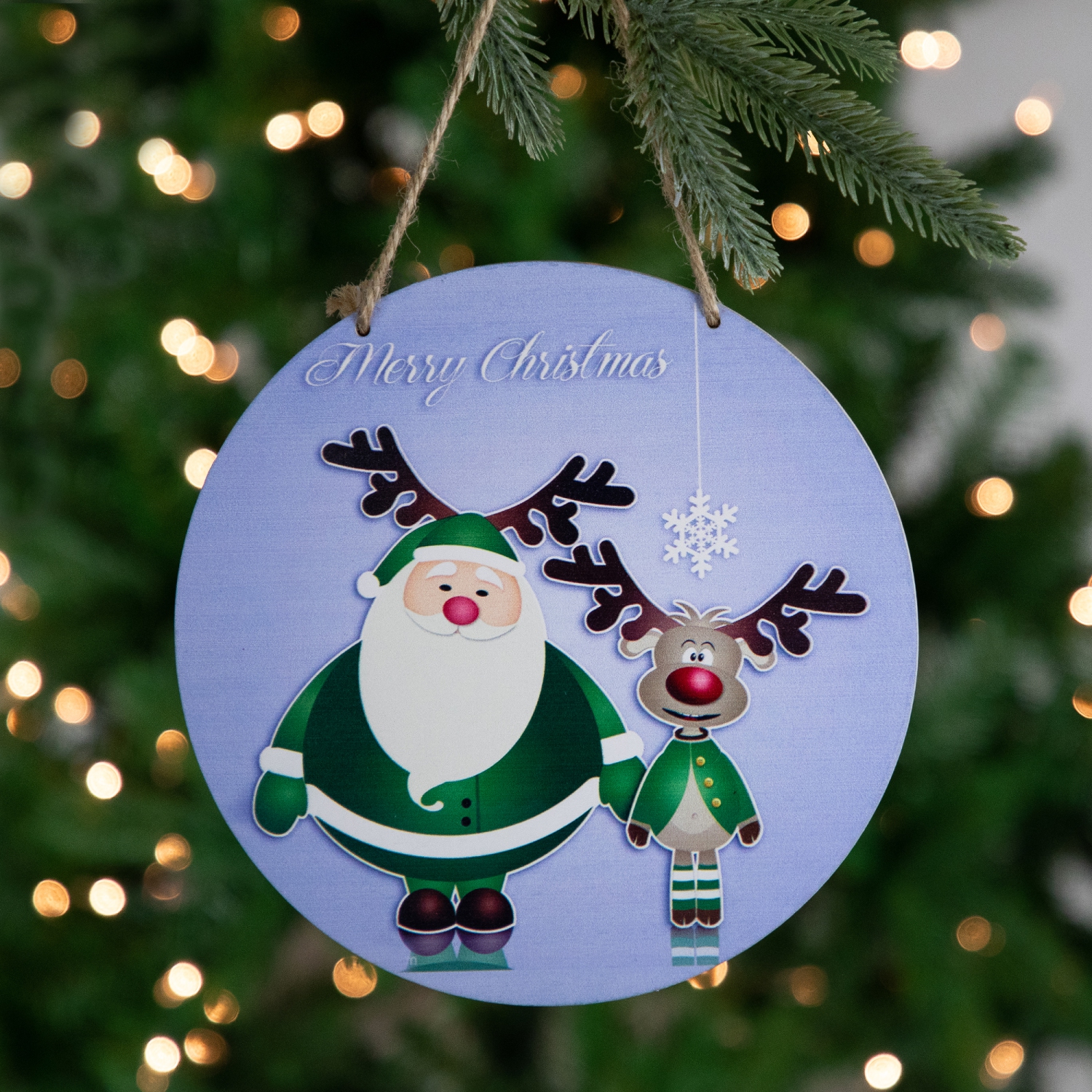 Santa and Reindeer "Merry Christmas" Disc Ornament - 8" - Blue and Green