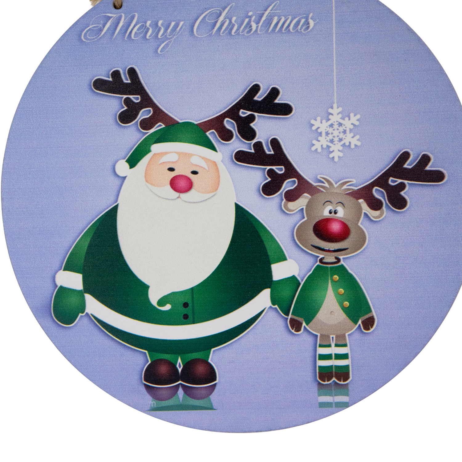 Santa and Reindeer "Merry Christmas" Disc Ornament - 8" - Blue and Green