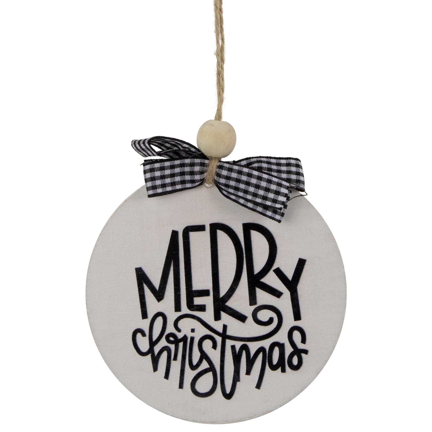Décoration en disque «&nbsp;Merry Christmas&nbsp;» en bois avec boucle à carreaux – 4&nbsp;po – blanc et noir