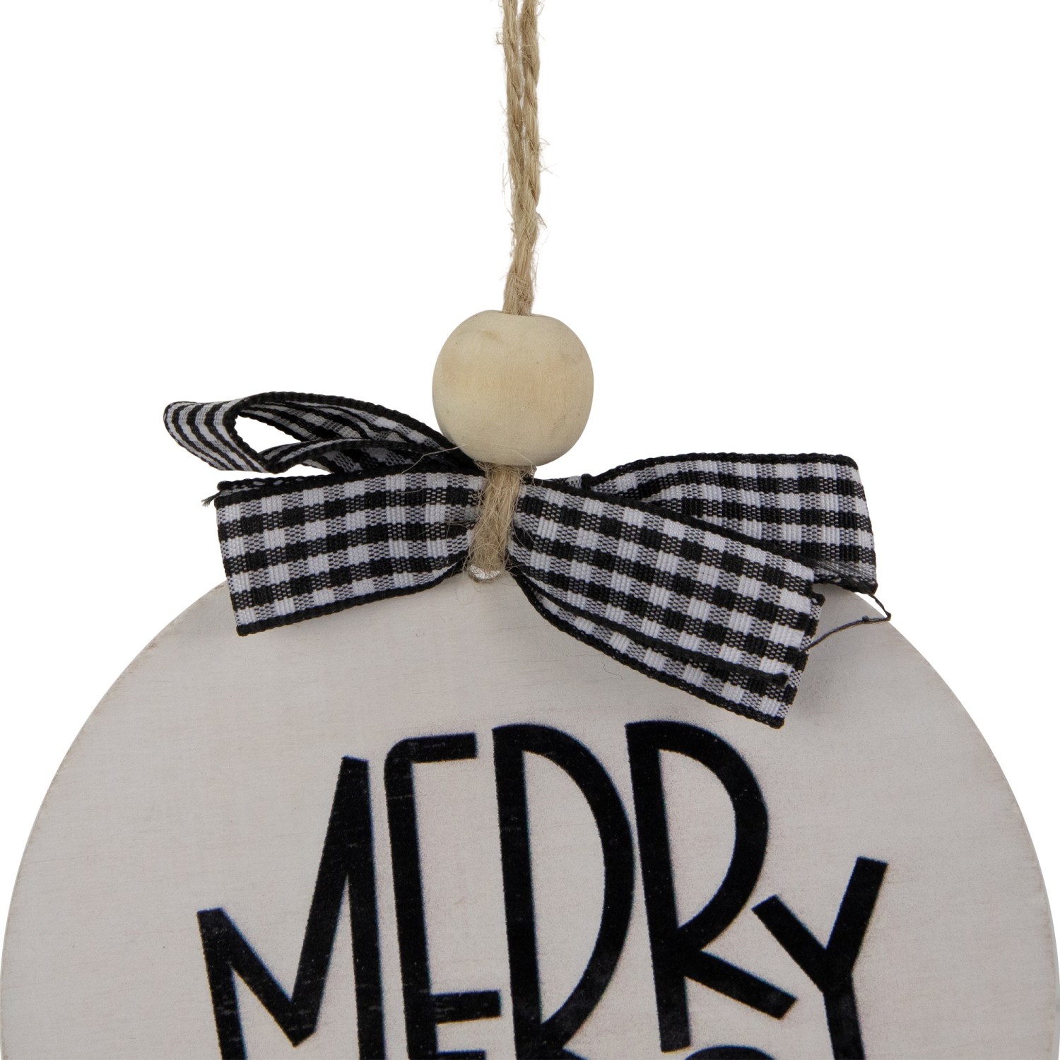 Décoration en disque «&nbsp;Merry Christmas&nbsp;» en bois avec boucle à carreaux – 4&nbsp;po – blanc et noir