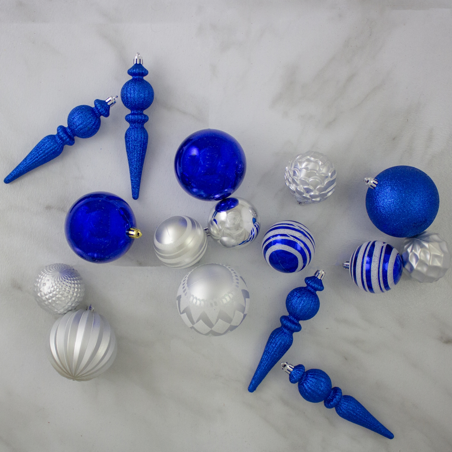 Shatterproof 3-Finish Christmas Ball and Finial Ornaments - Blue and Silver - 75ct