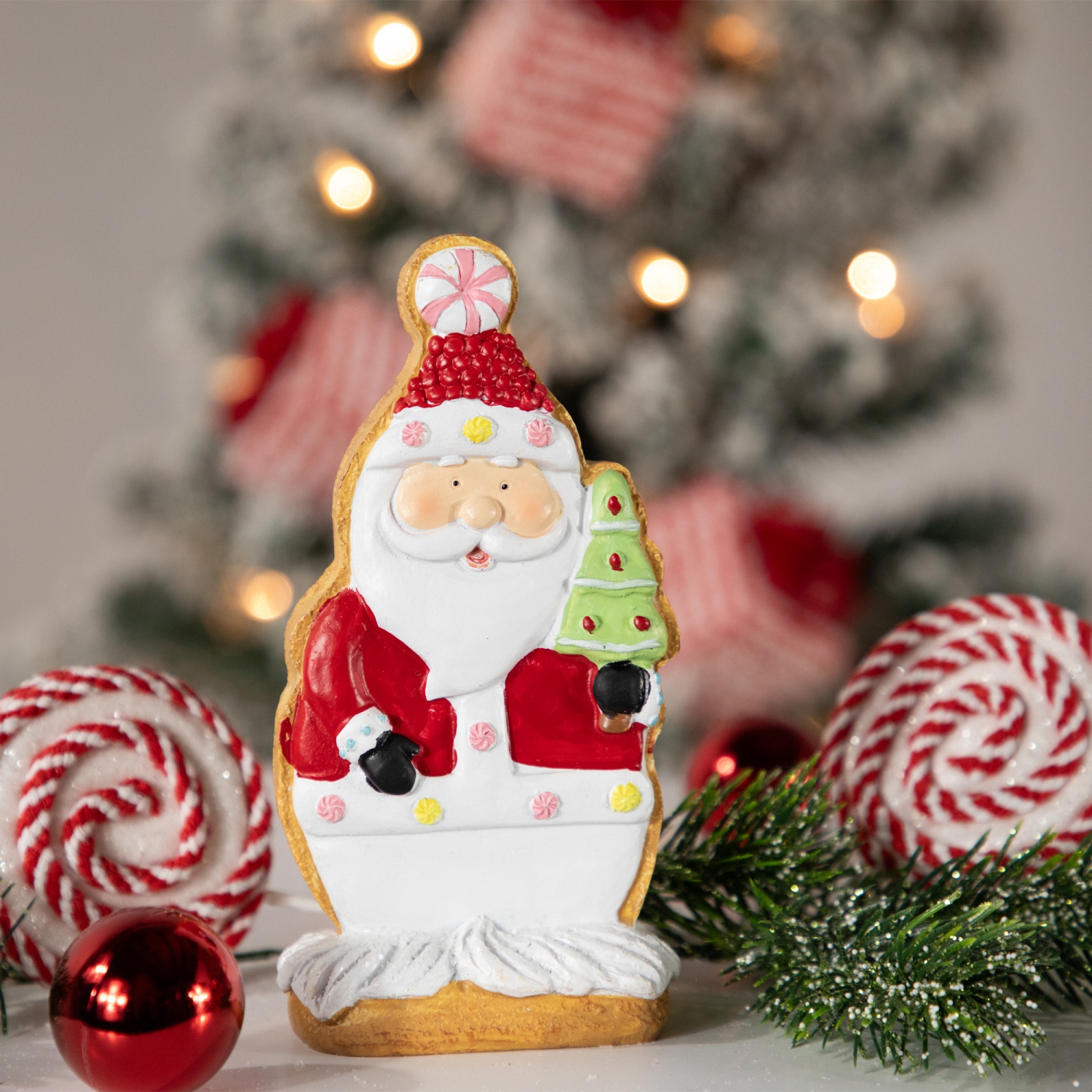 Gingerbread Santa with Tree Christmas Figurine - 7"