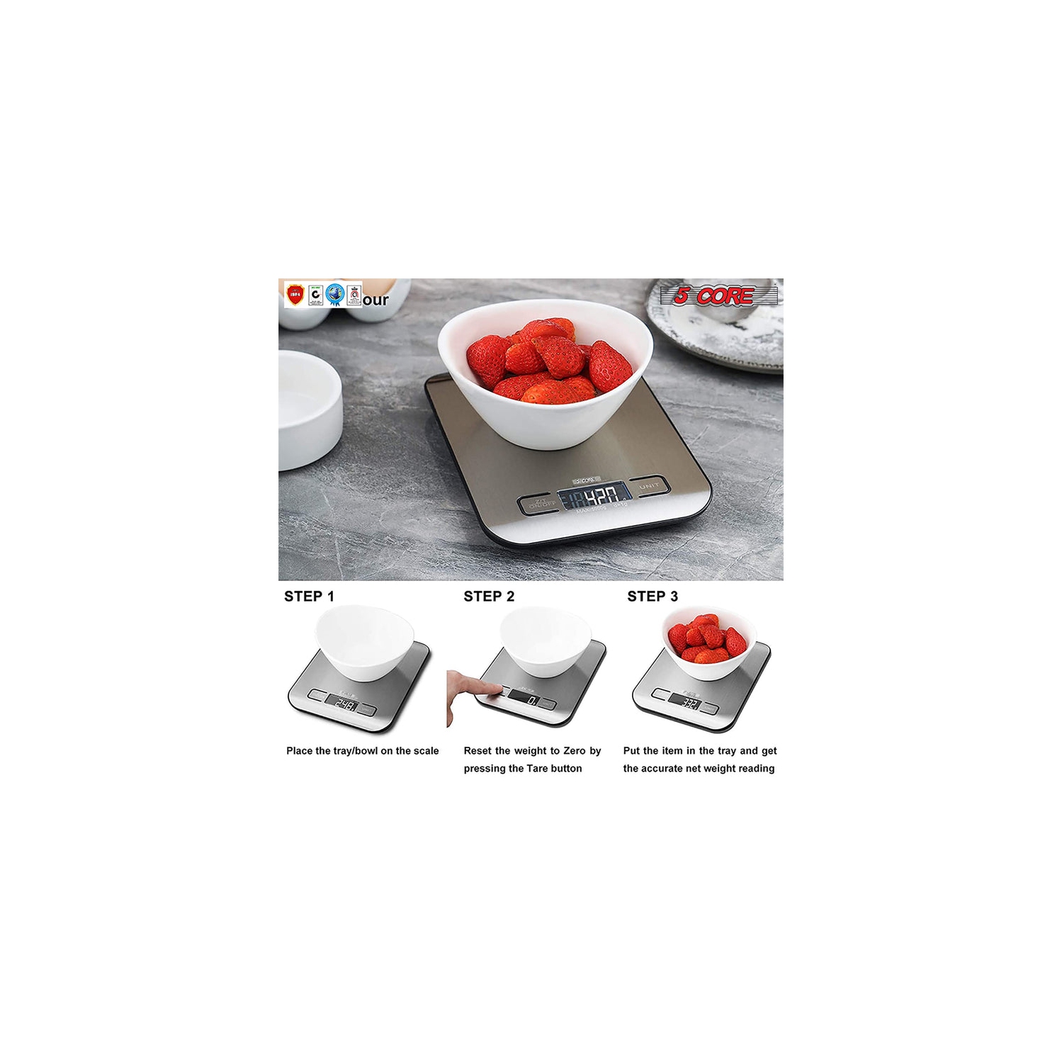 Balance numérique de cuisine de 5 lb, argenté, Balance alimentaire de 11Lb lb et écran ACL de 5KG lb