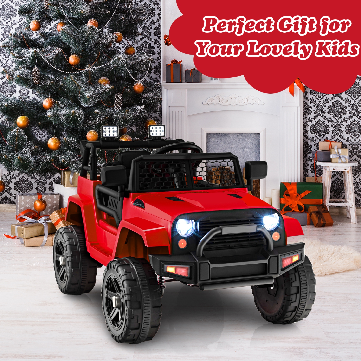 Topbuy 12V Kids Ride On Car Electric Vehicle Jeep with Parental Remote Music Horn Headlights Slow Start Function Black/White/Pink