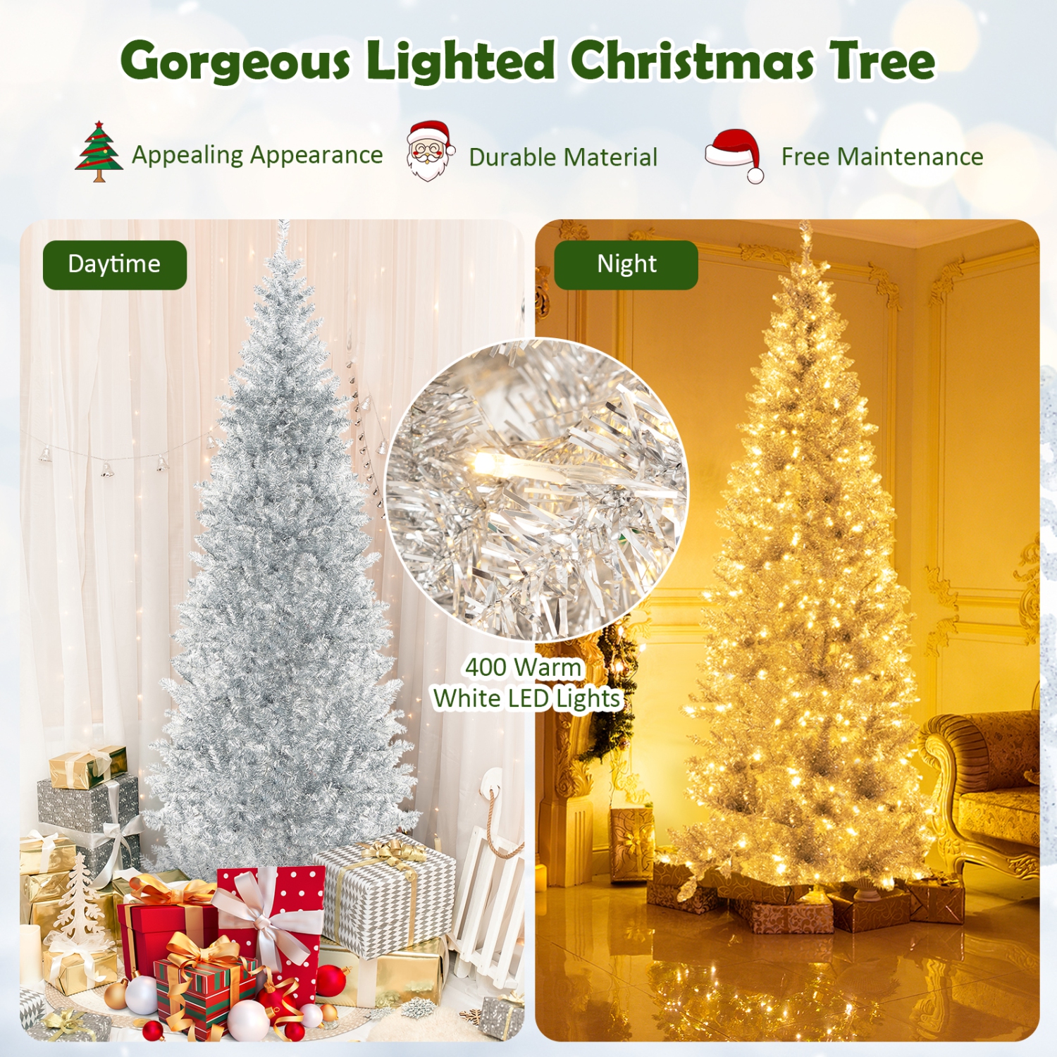 Topbuy 6/7 FT Pre-lit Artificial Christmas Tree Hinged Xmas Pencil Tree with 790/1030 Branch Tips 300/400 Warm White LED Lights