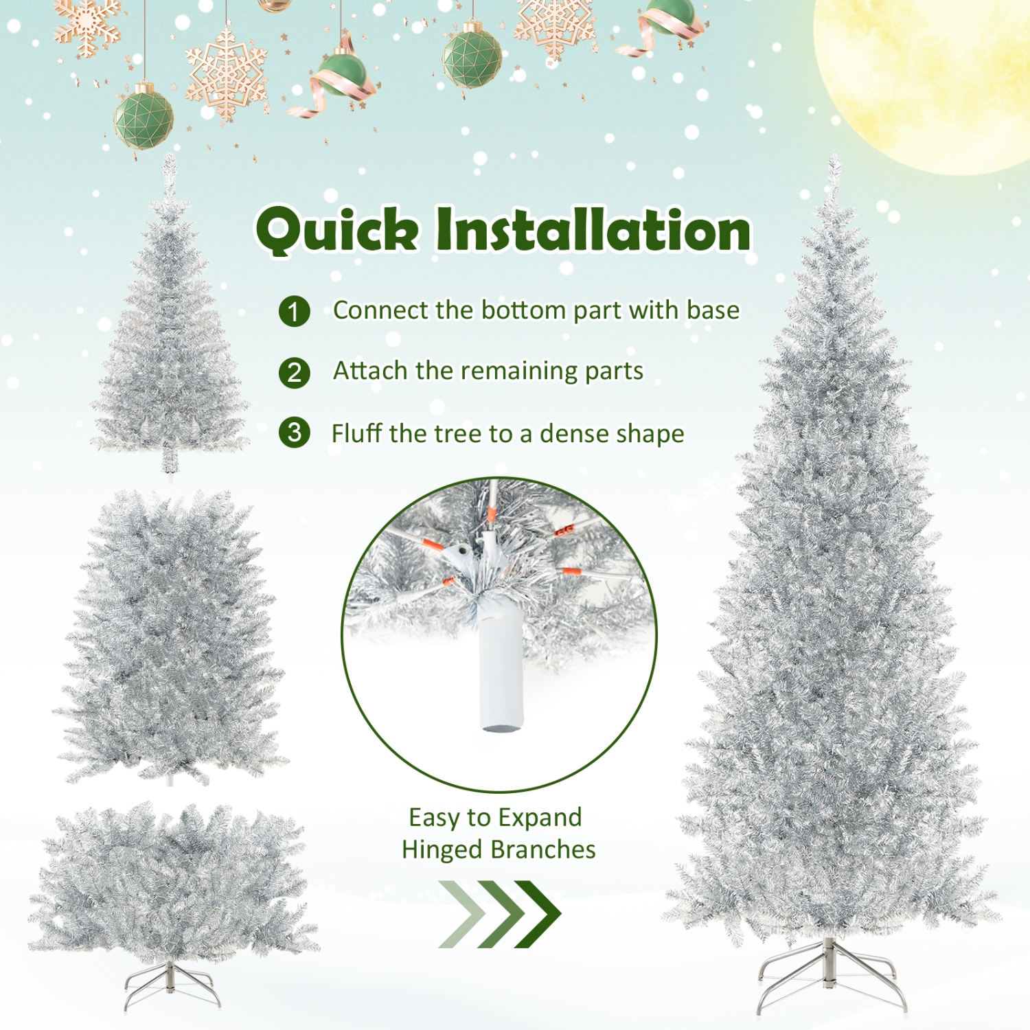 Topbuy 6/7 FT Pre-lit Artificial Christmas Tree Hinged Xmas Pencil Tree with 790/1030 Branch Tips 300/400 Warm White LED Lights