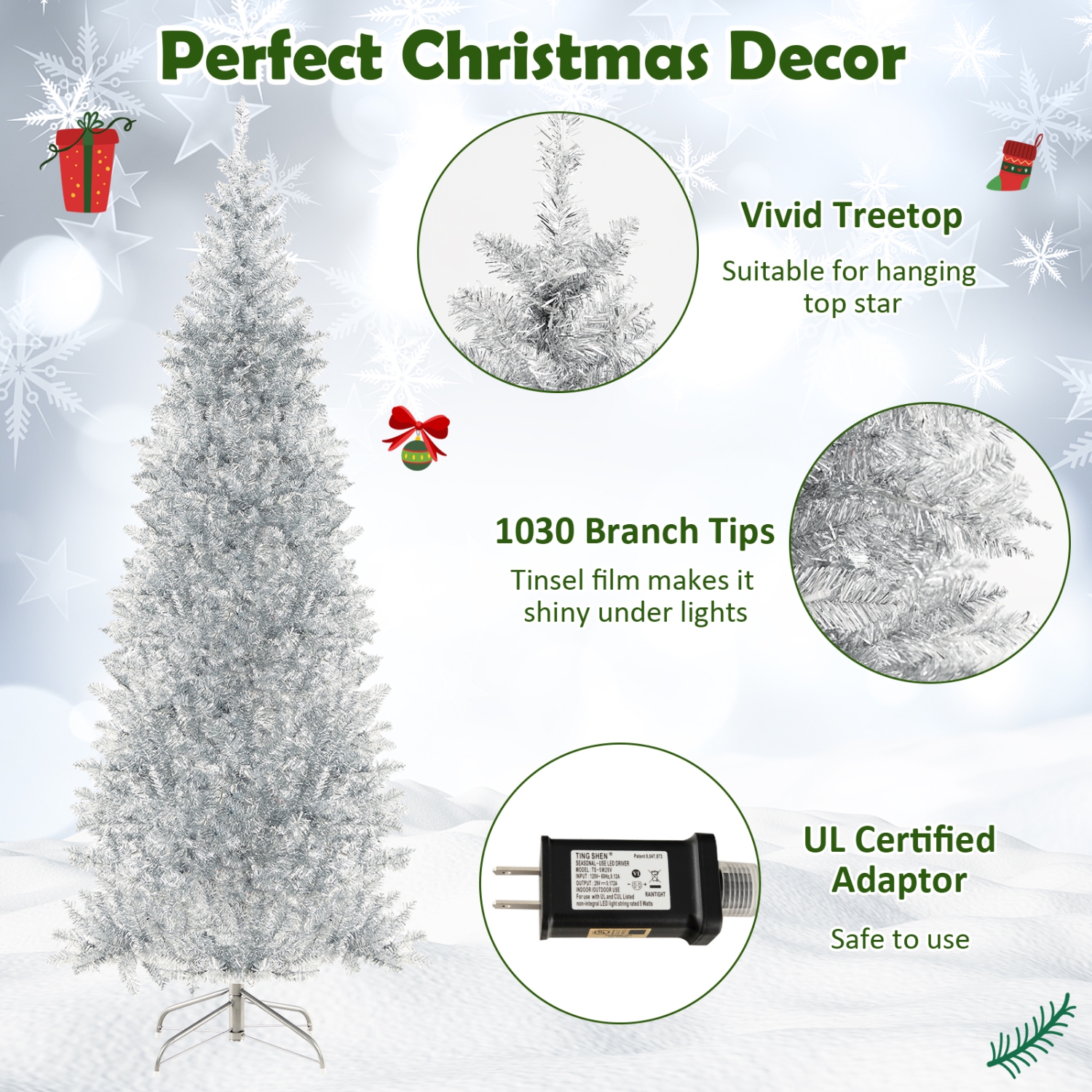 Topbuy 6/7 FT Pre-lit Artificial Christmas Tree Hinged Xmas Pencil Tree with 790/1030 Branch Tips 300/400 Warm White LED Lights