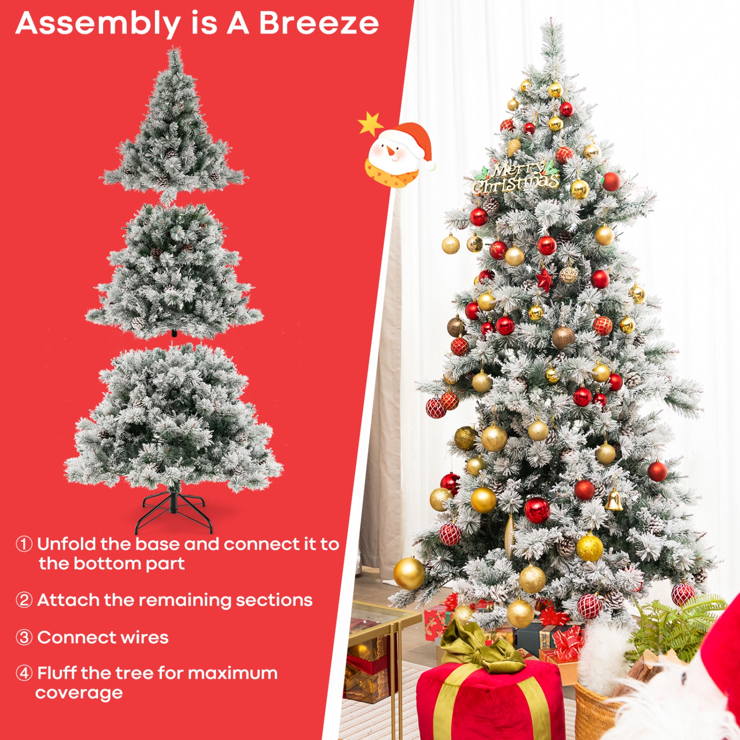 Topbuy 7 FT Pre-lit Artificial Christmas Tree, Snow-flocked Xmas Tree with Tiered Structure, 420 Warm White LED Lights