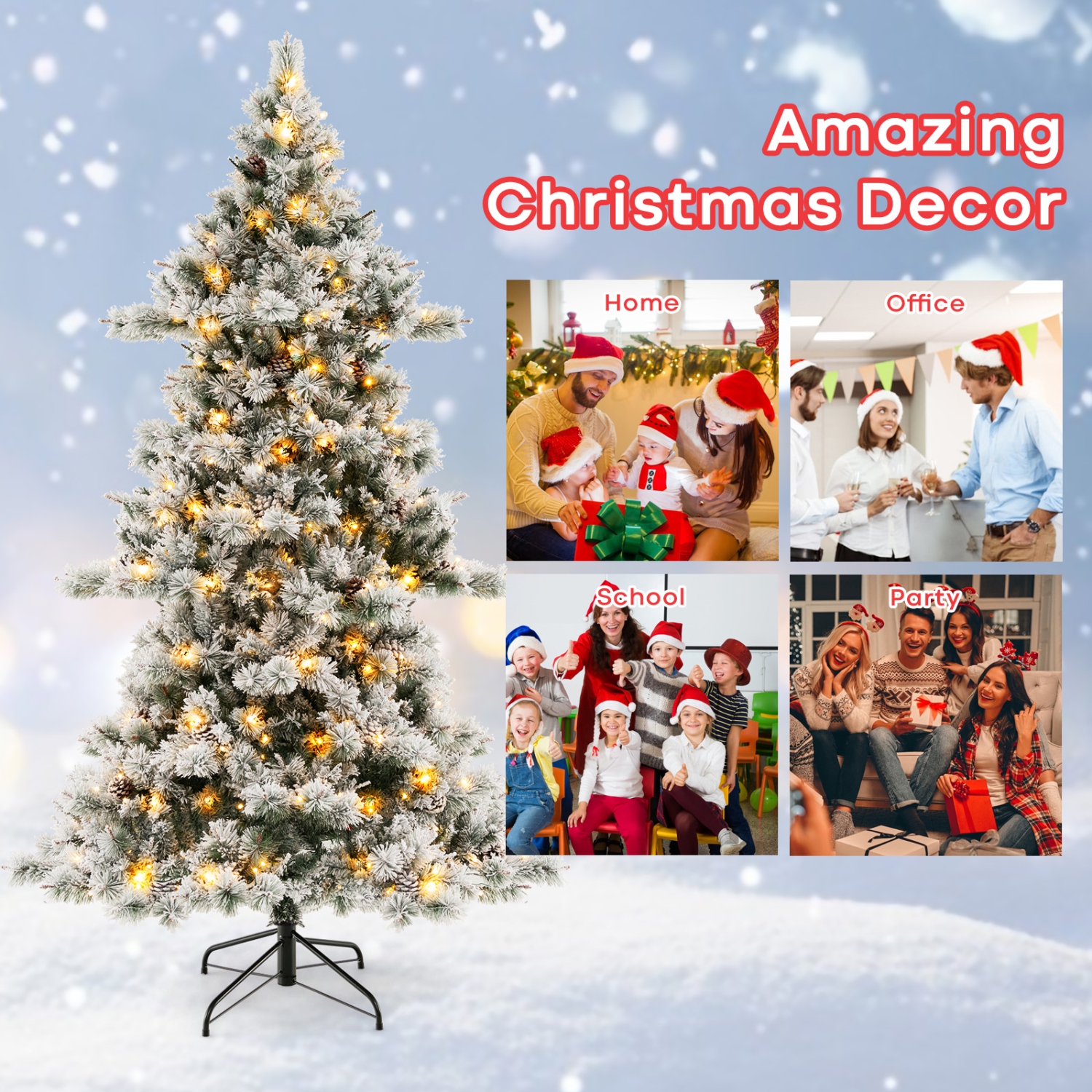 Topbuy 7 FT Pre-lit Artificial Christmas Tree, Snow-flocked Xmas Tree with Tiered Structure, 420 Warm White LED Lights