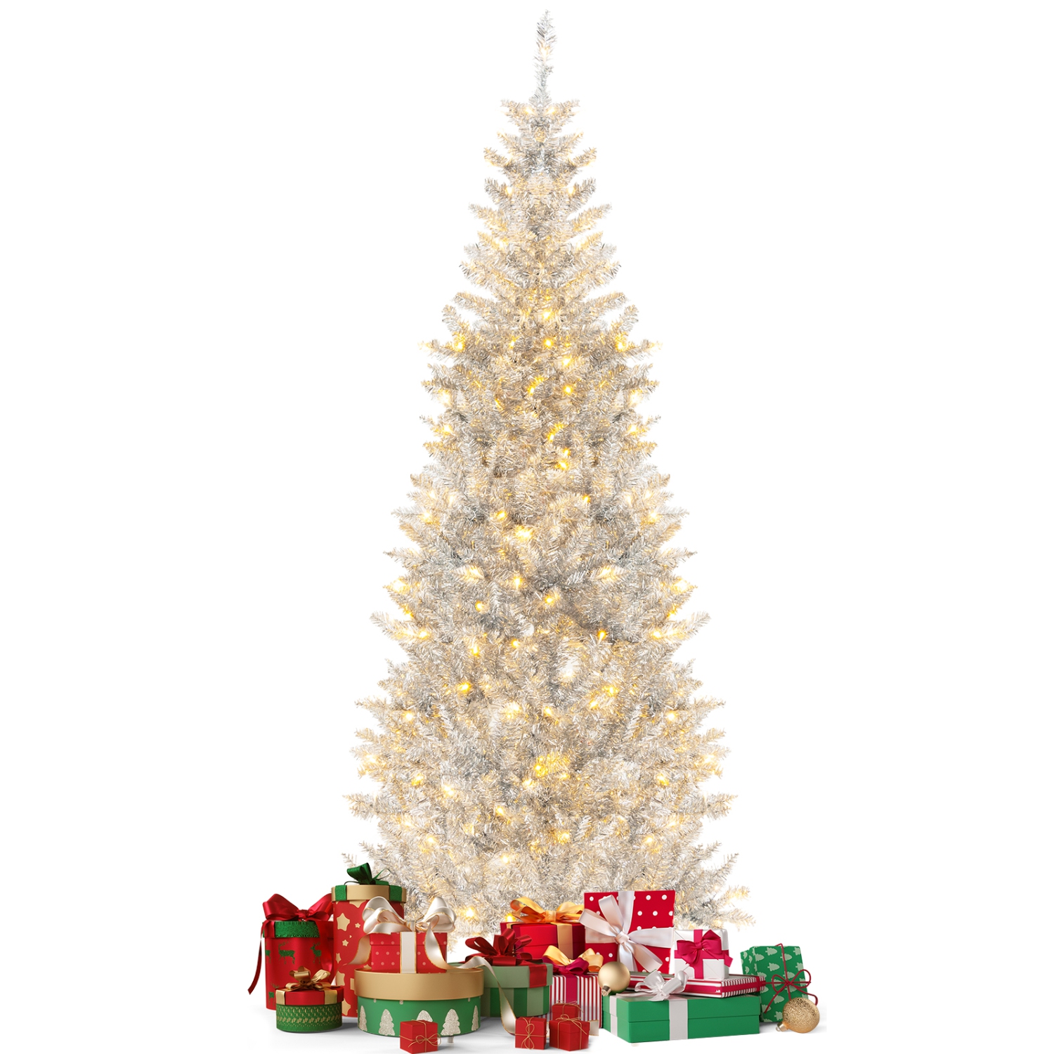 Topbuy 6/7 FT Pre-lit Artificial Christmas Tree Hinged Xmas Pencil Tree with 790/1030 Branch Tips 300/400 Warm White LED Lights