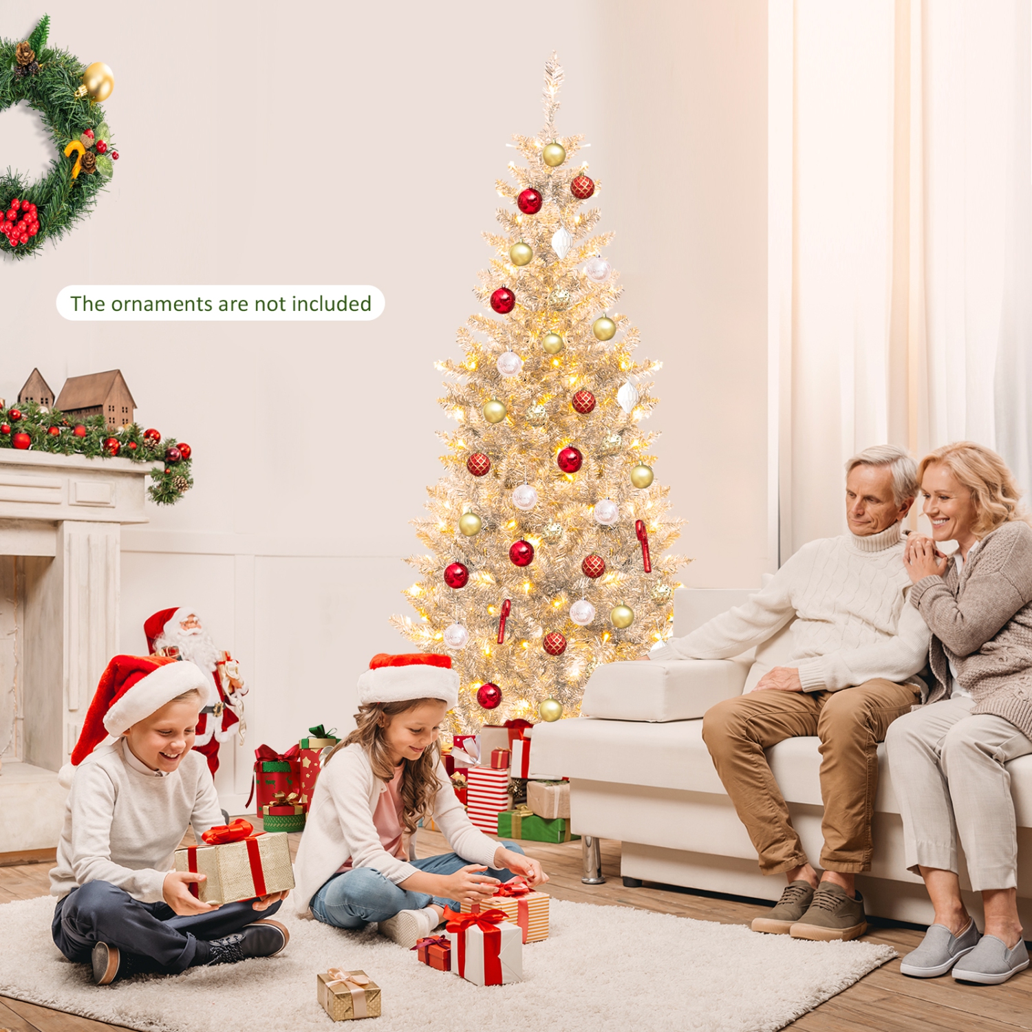 Topbuy 6/7 FT Pre-lit Artificial Christmas Tree Hinged Xmas Pencil Tree with 790/1030 Branch Tips 300/400 Warm White LED Lights