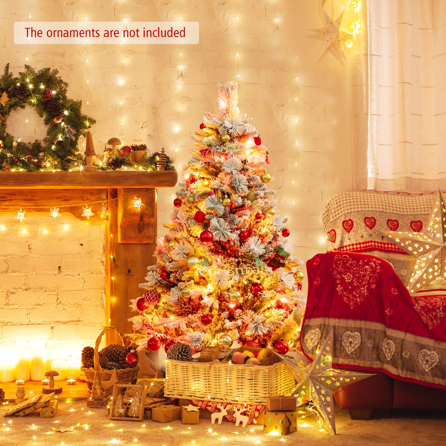 Topbuy 4.5/6/7 FT Pre-lit Artificial Christmas Tree, Snow-flocked Xmas Tree with 160/240/320 Multi-color LED Lights, 8 Lighting Modes