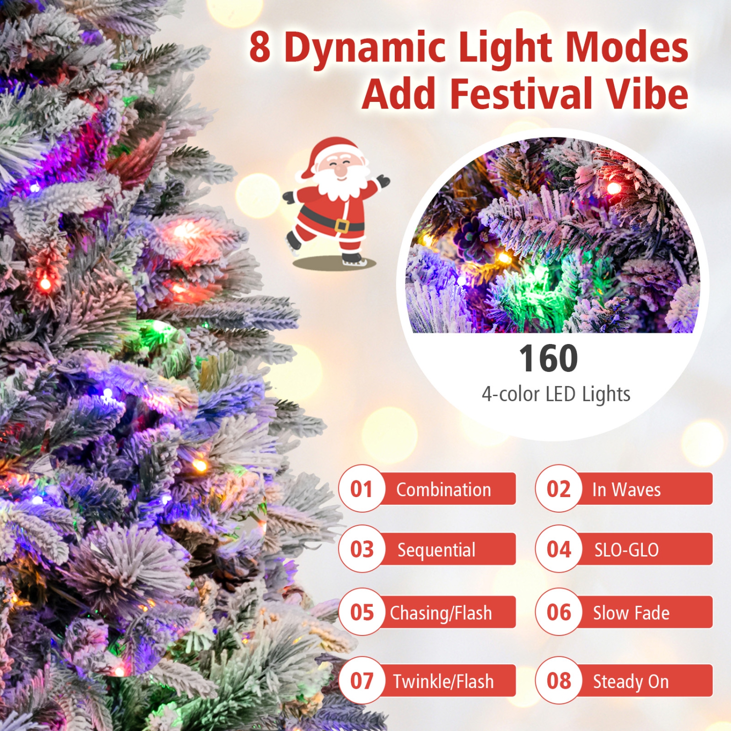Topbuy 4.5/6/7 FT Pre-lit Artificial Christmas Tree, Snow-flocked Xmas Tree with 160/240/320 Multi-color LED Lights, 8 Lighting Modes