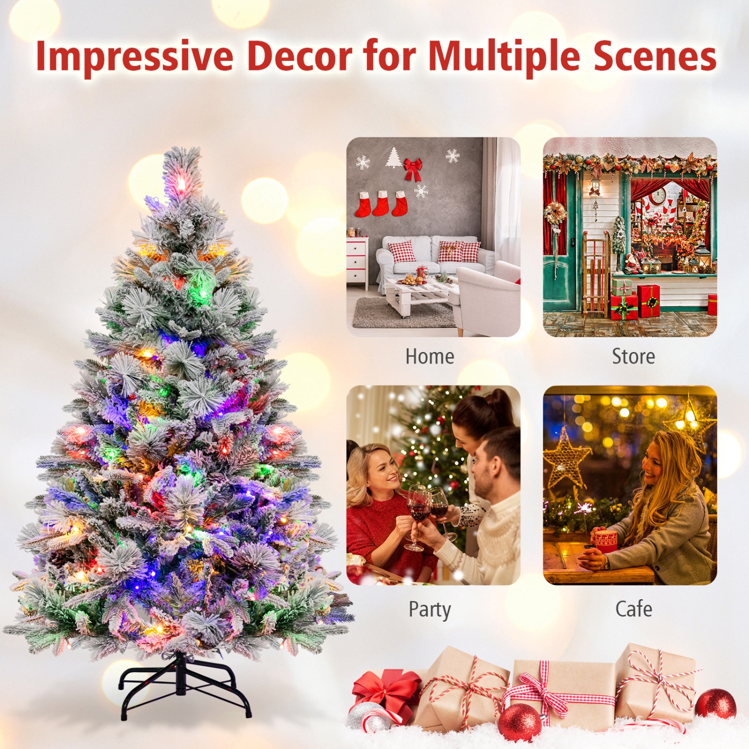 Topbuy 4.5/6/7 FT Pre-lit Artificial Christmas Tree, Snow-flocked Xmas Tree with 160/240/320 Multi-color LED Lights, 8 Lighting Modes